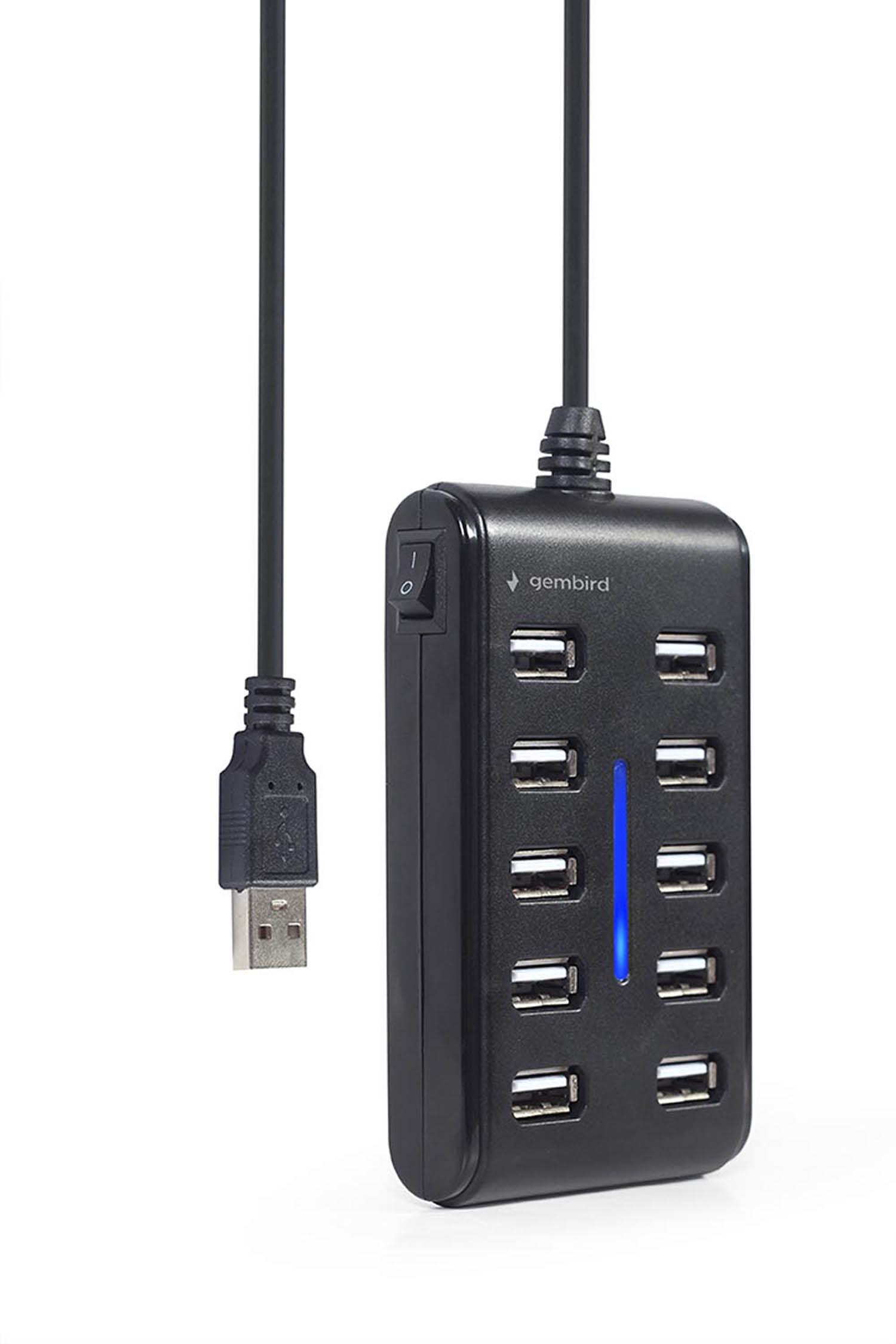 Zwarte 10-poorts USB-hub met aan/uit-schakelaar en een USB-kabel ernaast.