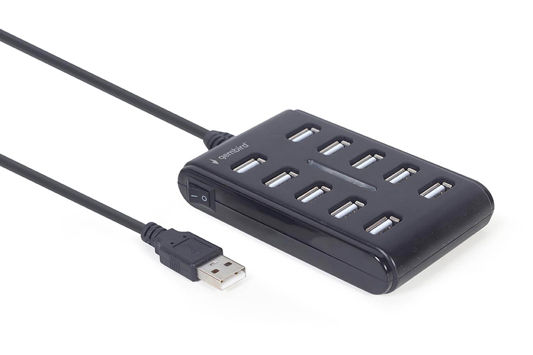 Zwarte 7-poorts USB-hub met aan/uit-schakelaar.