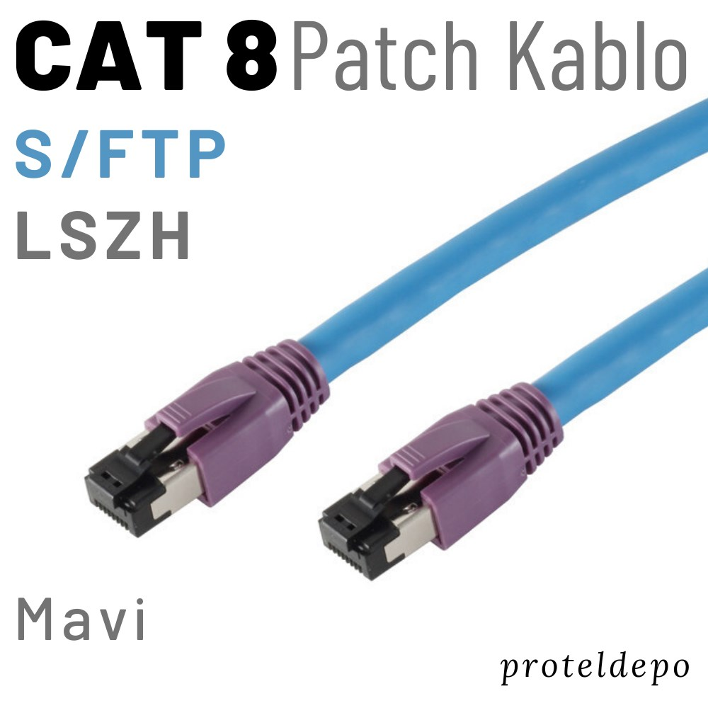 Mor konnektörlü iki mavi CAT 8 S/FTP LSZH patch kablosu.