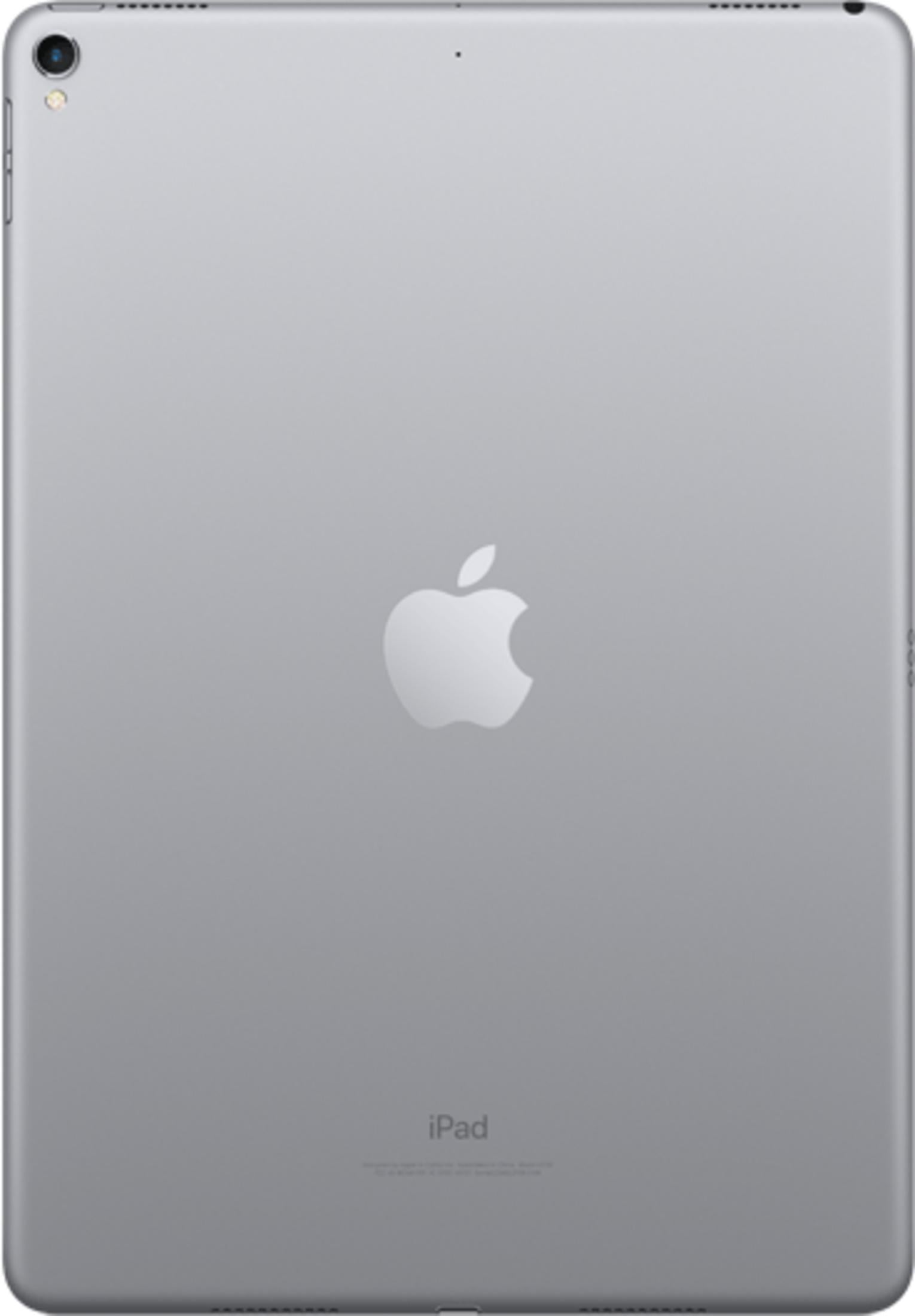 Achterkant van een zilveren iPad met Apple logo en tekst.