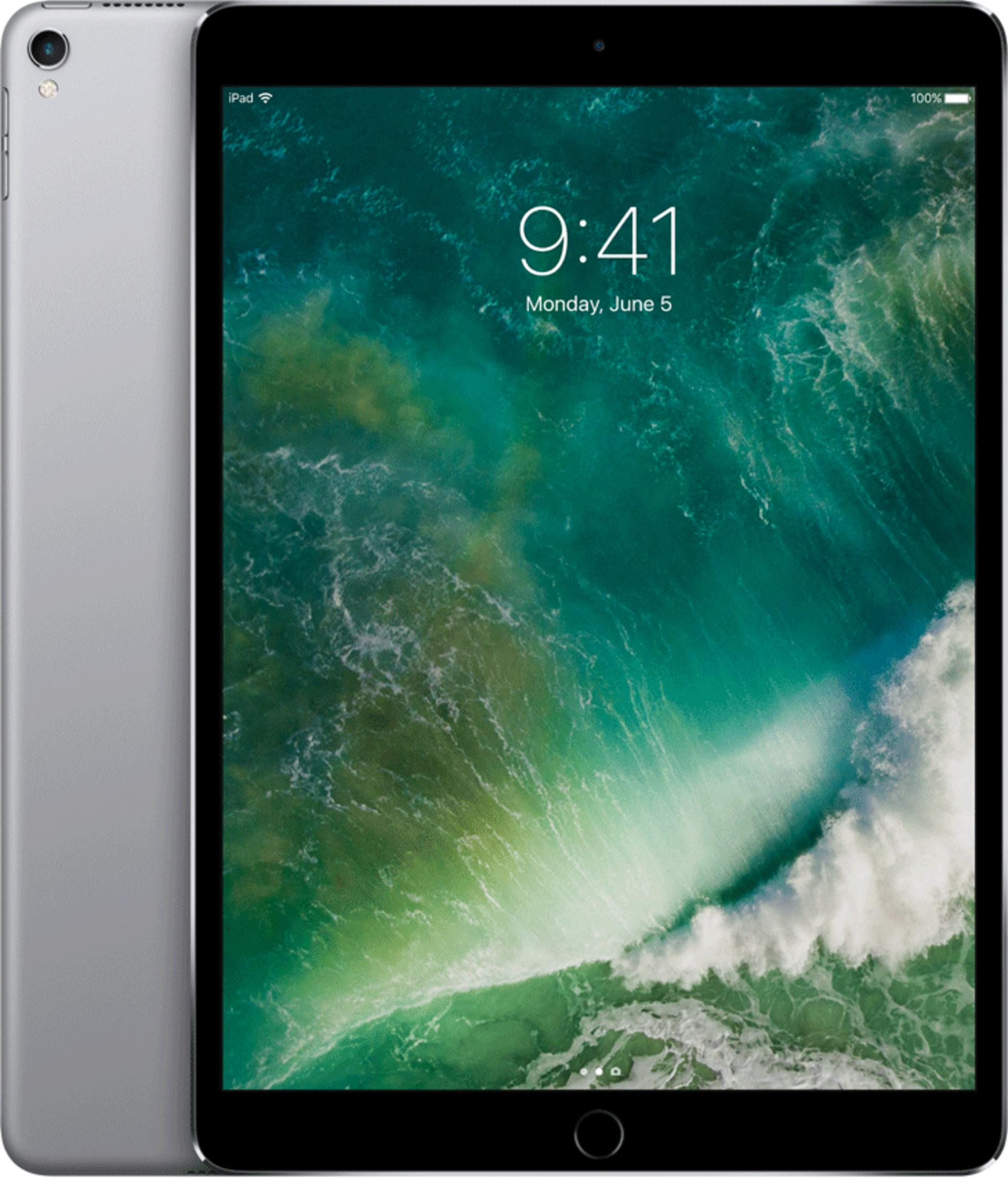 Zilveren iPad met zwart scherm waarop 9:41, maandag 5 juni en golfbehang wordt weergegeven.