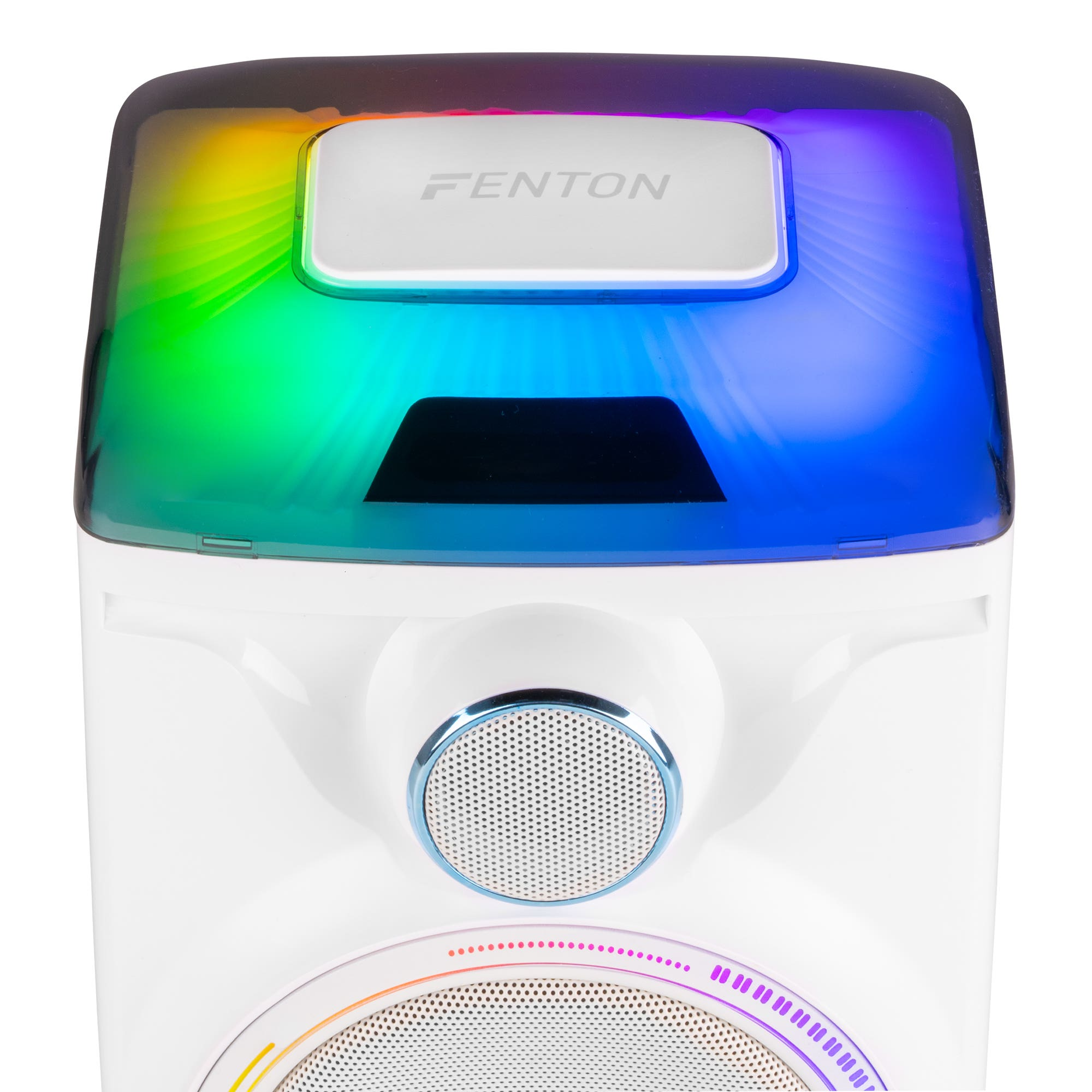 Altoparlante bianco con logo Fenton e luci colorate.