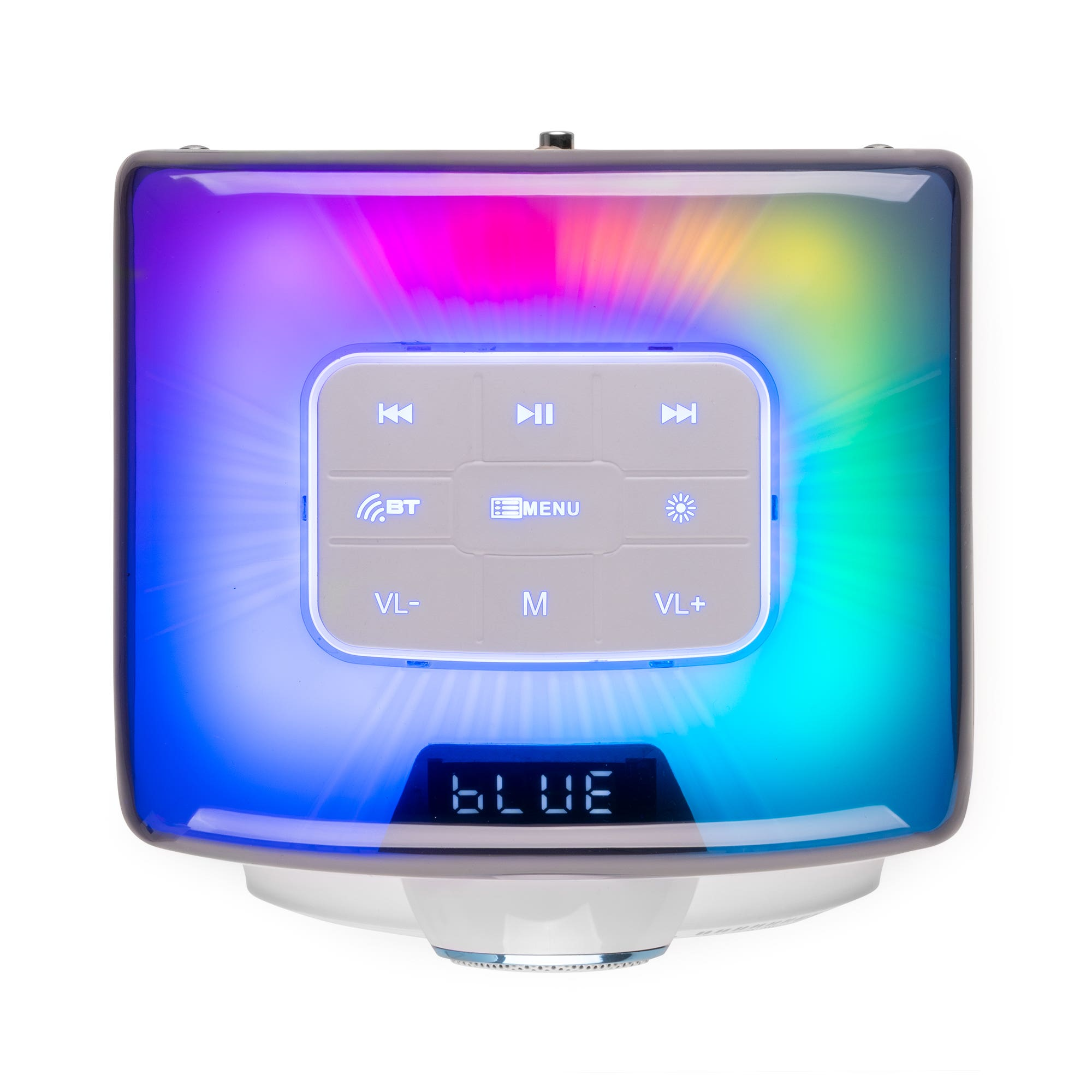 Un altoparlante rettangolare con luci colorate e pulsanti di controllo.