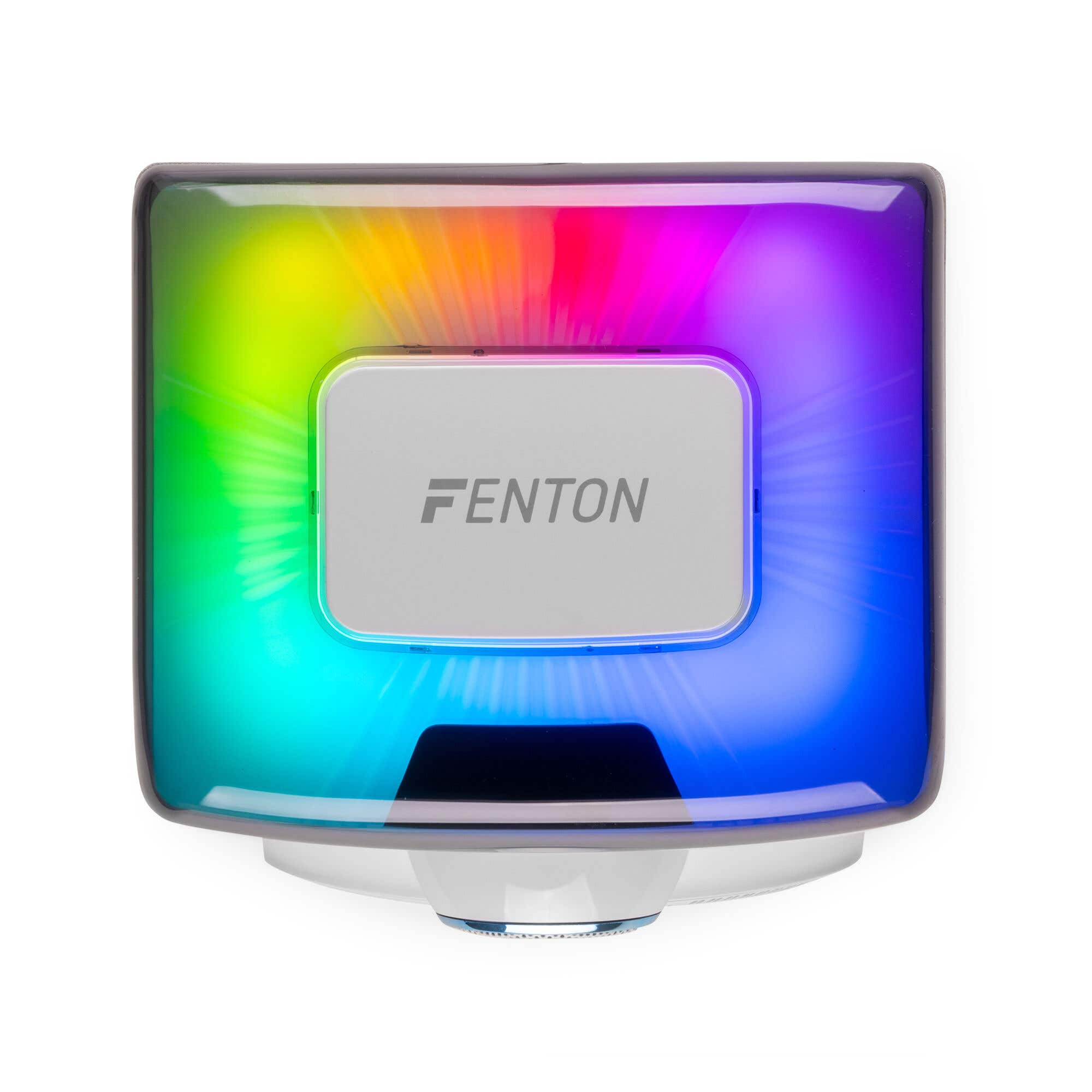 Un dispositivo rettangolare con illuminazione RGB colorata e logo Fenton.