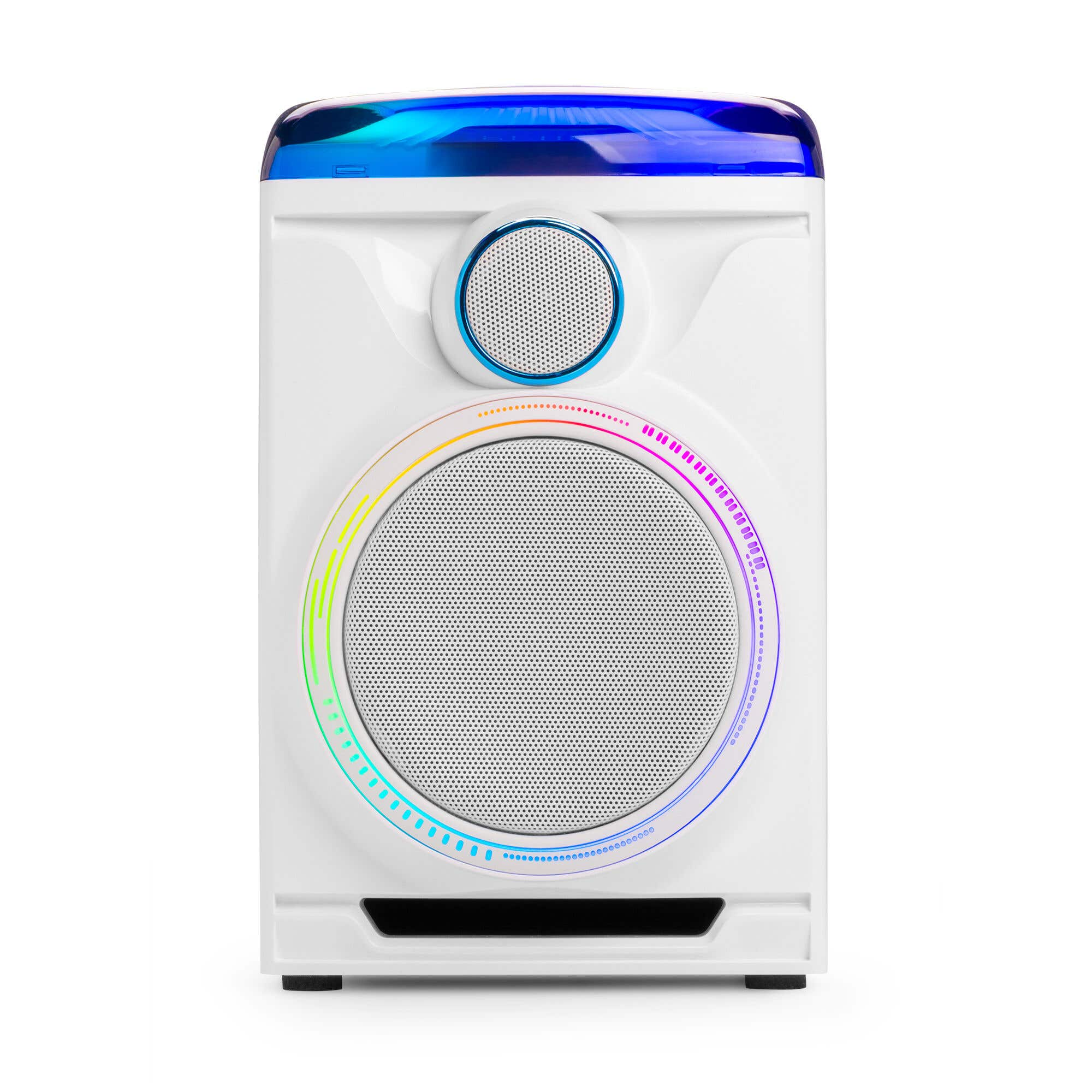 Un altoparlante bianco con illuminazione a LED blu e colorata.