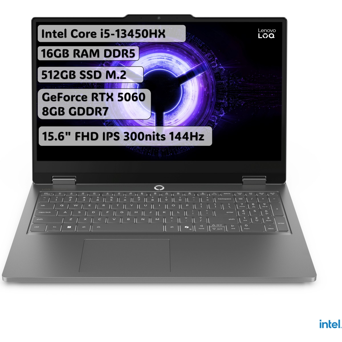 Gri bir Lenovo dizüstü bilgisayar açık, özellikler: Intel Core i5, 16GB RAM, 512GB SSD, RTX 5060.