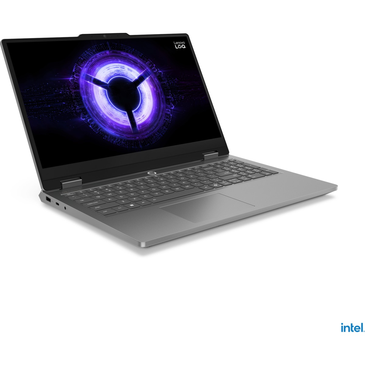Ekranında mor dairesel tasarıma sahip gri bir Lenovo dizüstü bilgisayar.