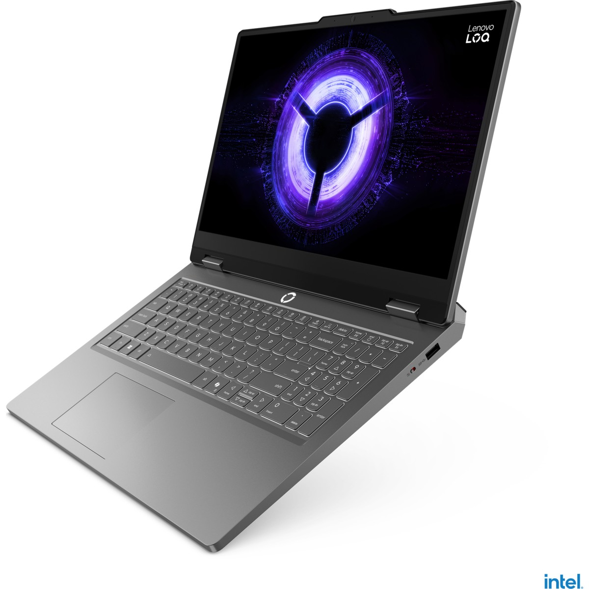 Ekranında mor dairesel logo bulunan gri bir Lenovo LOQ dizüstü bilgisayar.