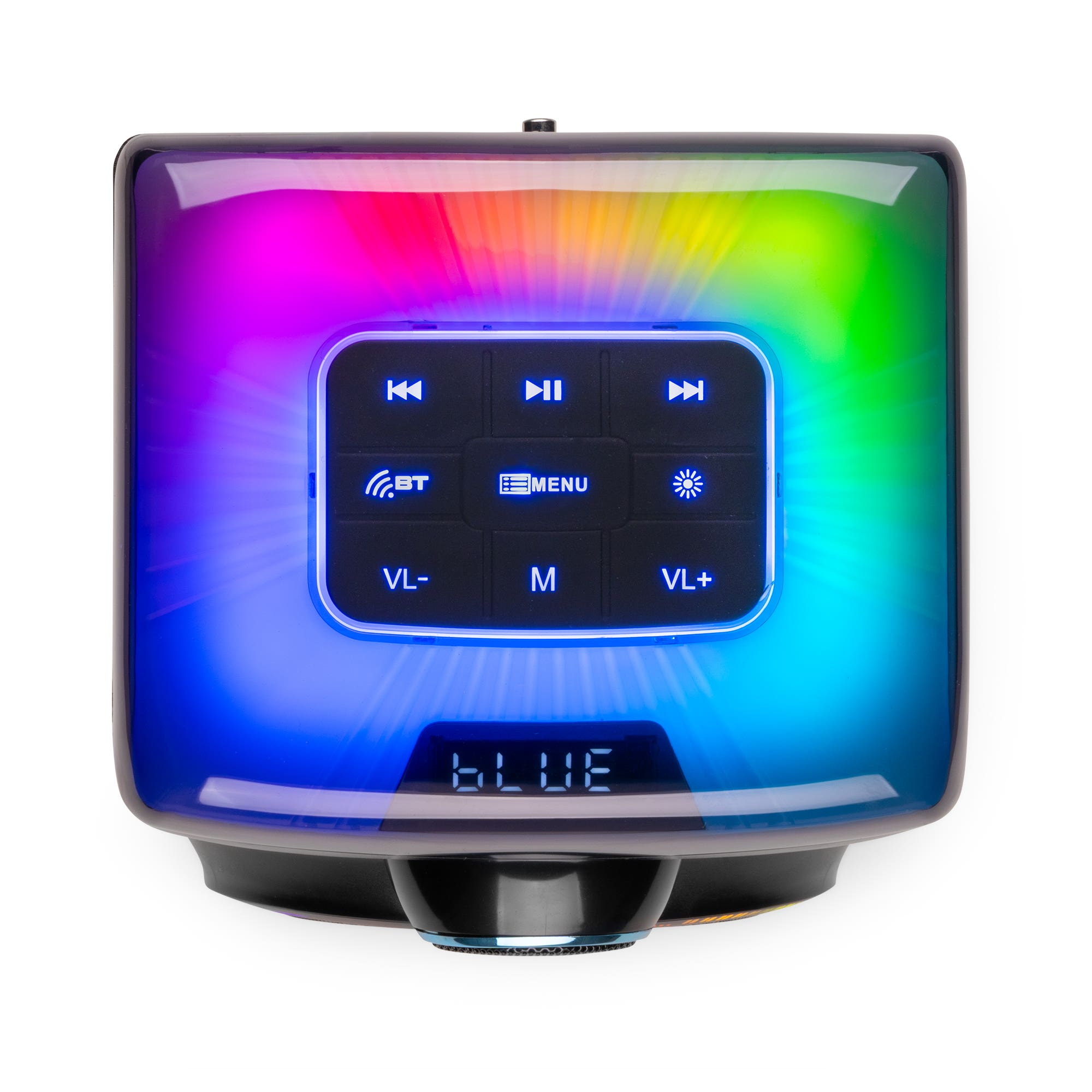 Un altoparlante rettangolare con luci LED che cambiano colore e pulsanti.