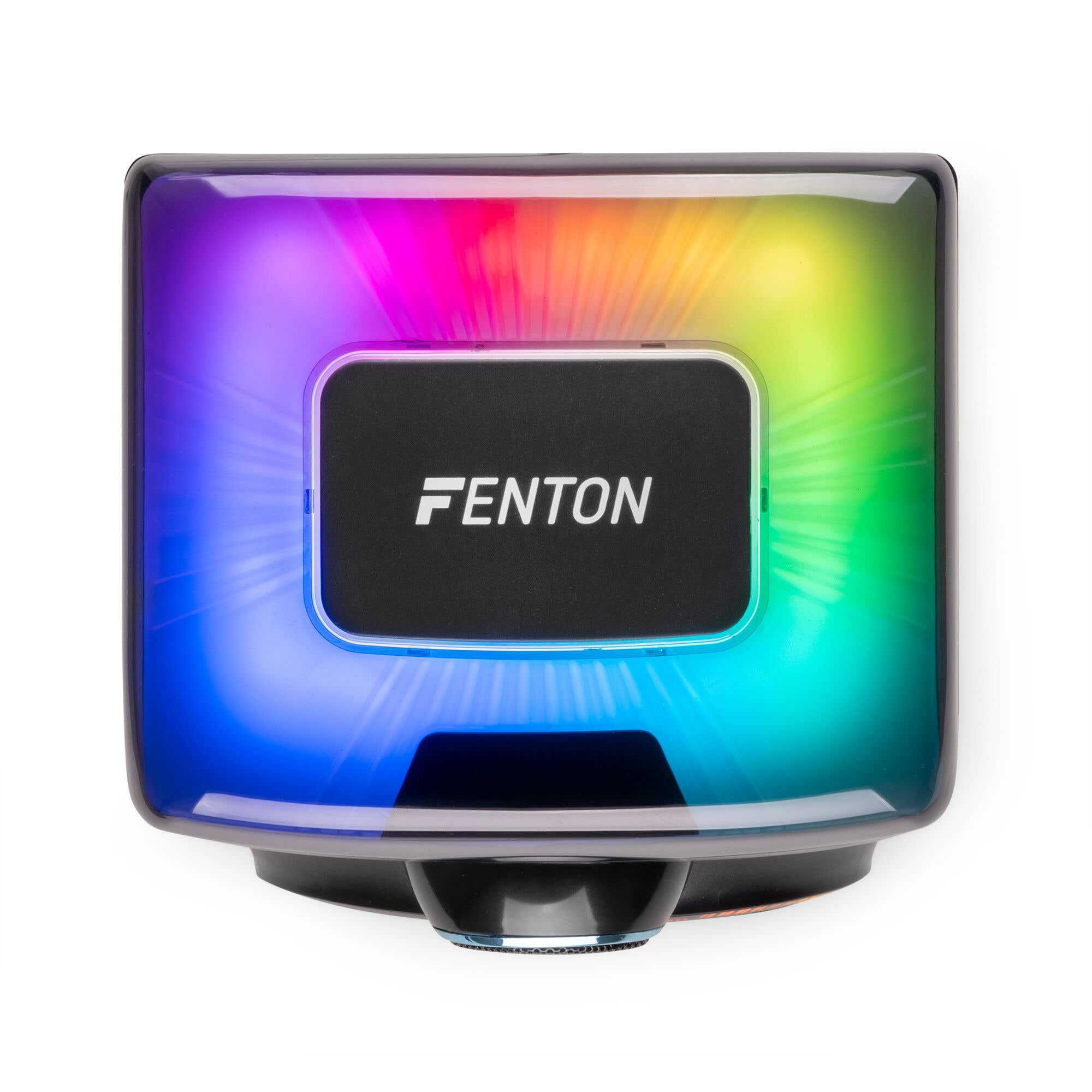 Un rettangolo nero con logo FENTON contro un effetto di luce colorato.
