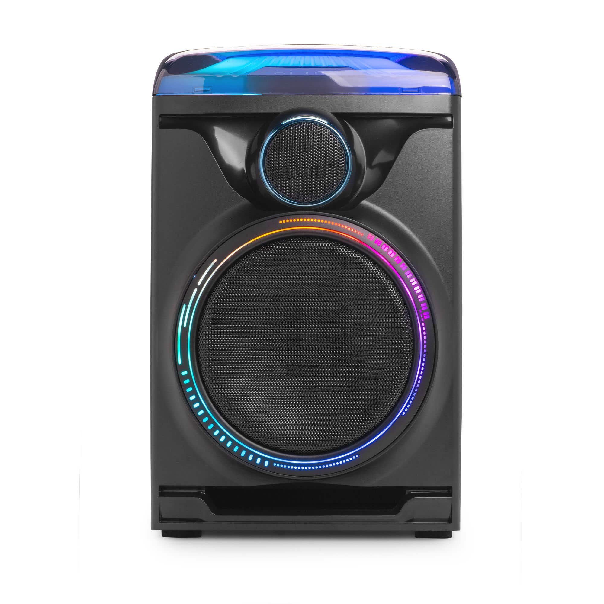 Altoparlante nero con luci LED colorate in alto e attorno al woofer centrale.
