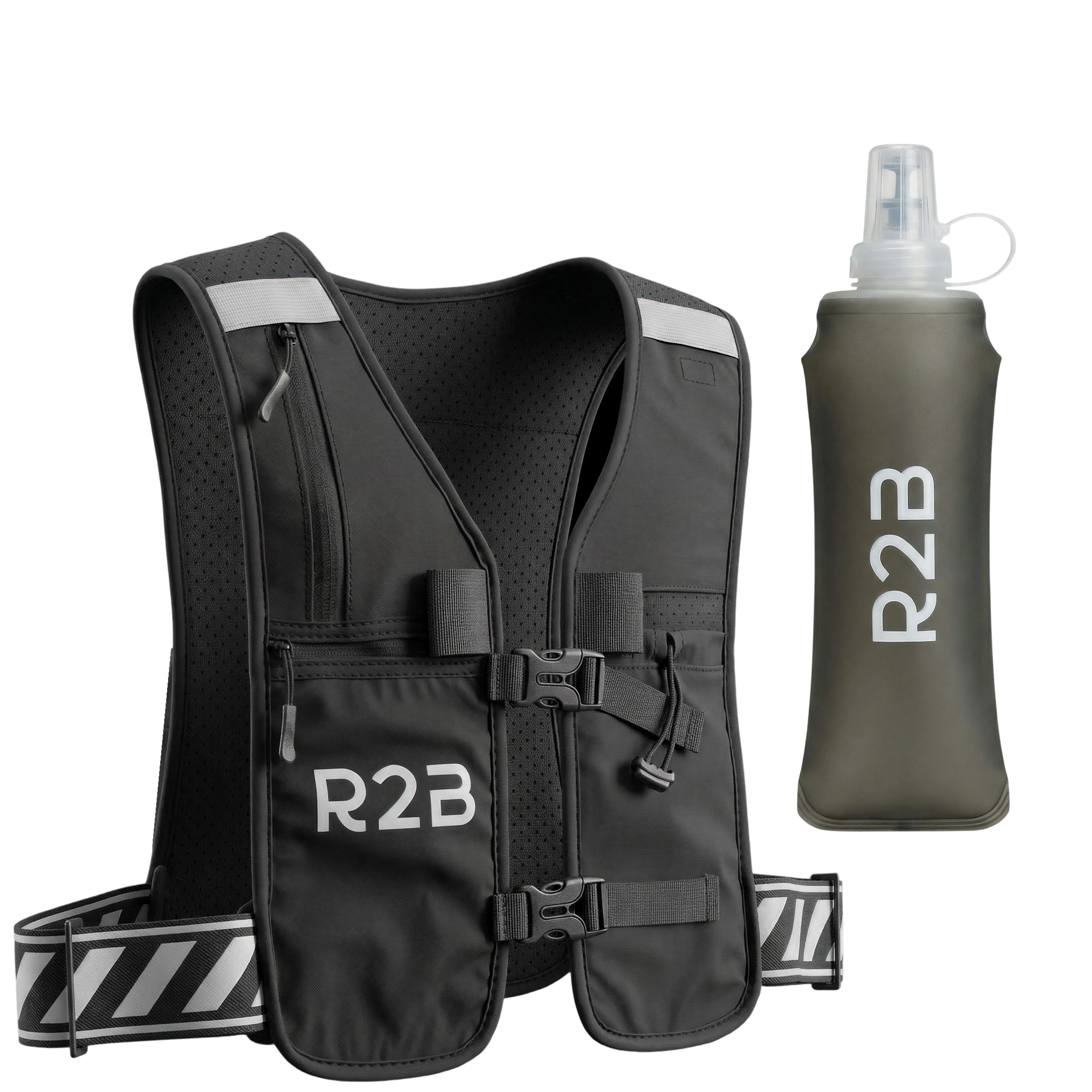 Gilet de course noir avec logo R2B et bouteille d'eau assortie.