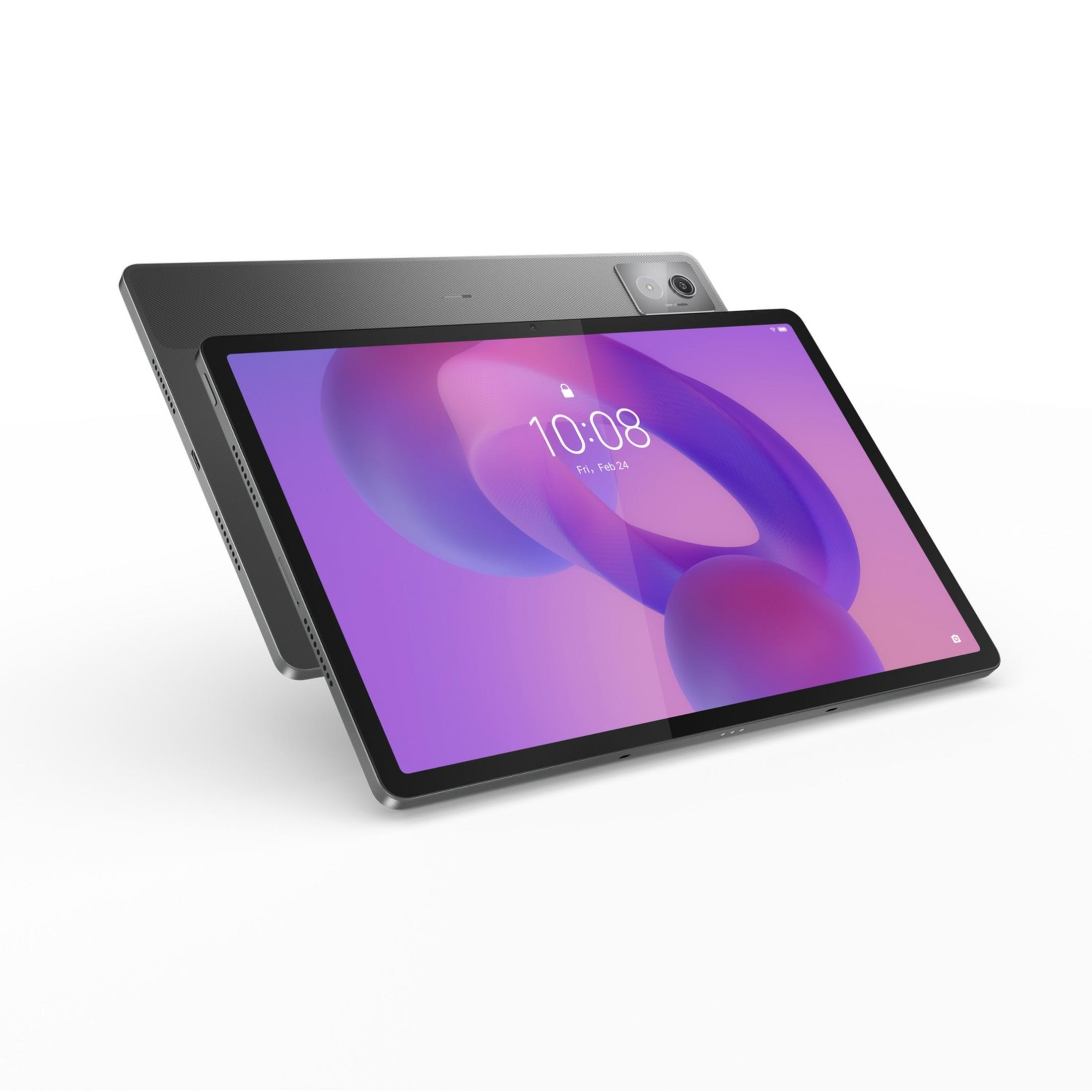 Ciemny tablet z fioletową tapetą na ekranie.