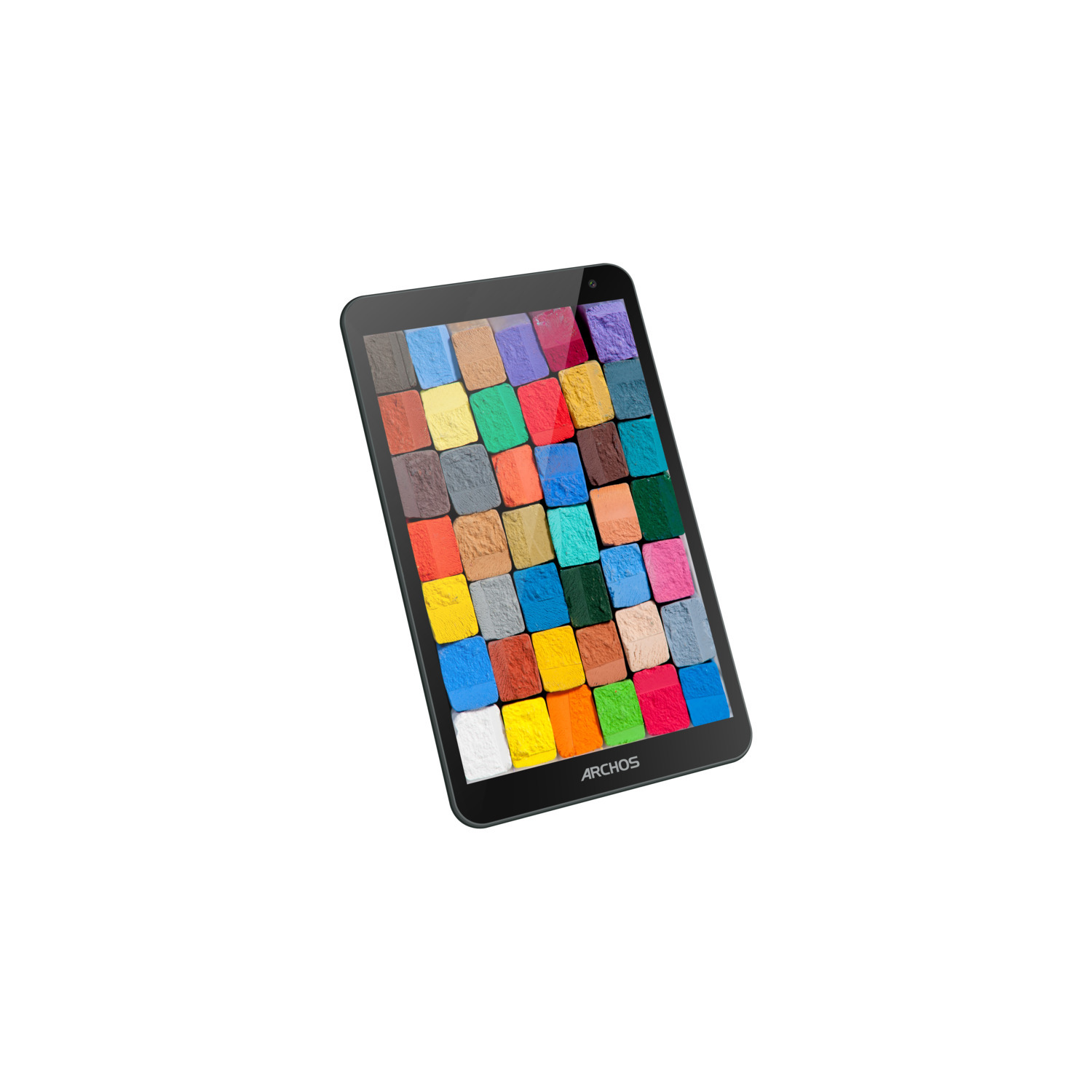 Un tablet che visualizza uno schema colorato di piccoli oggetti quadrati sullo schermo.