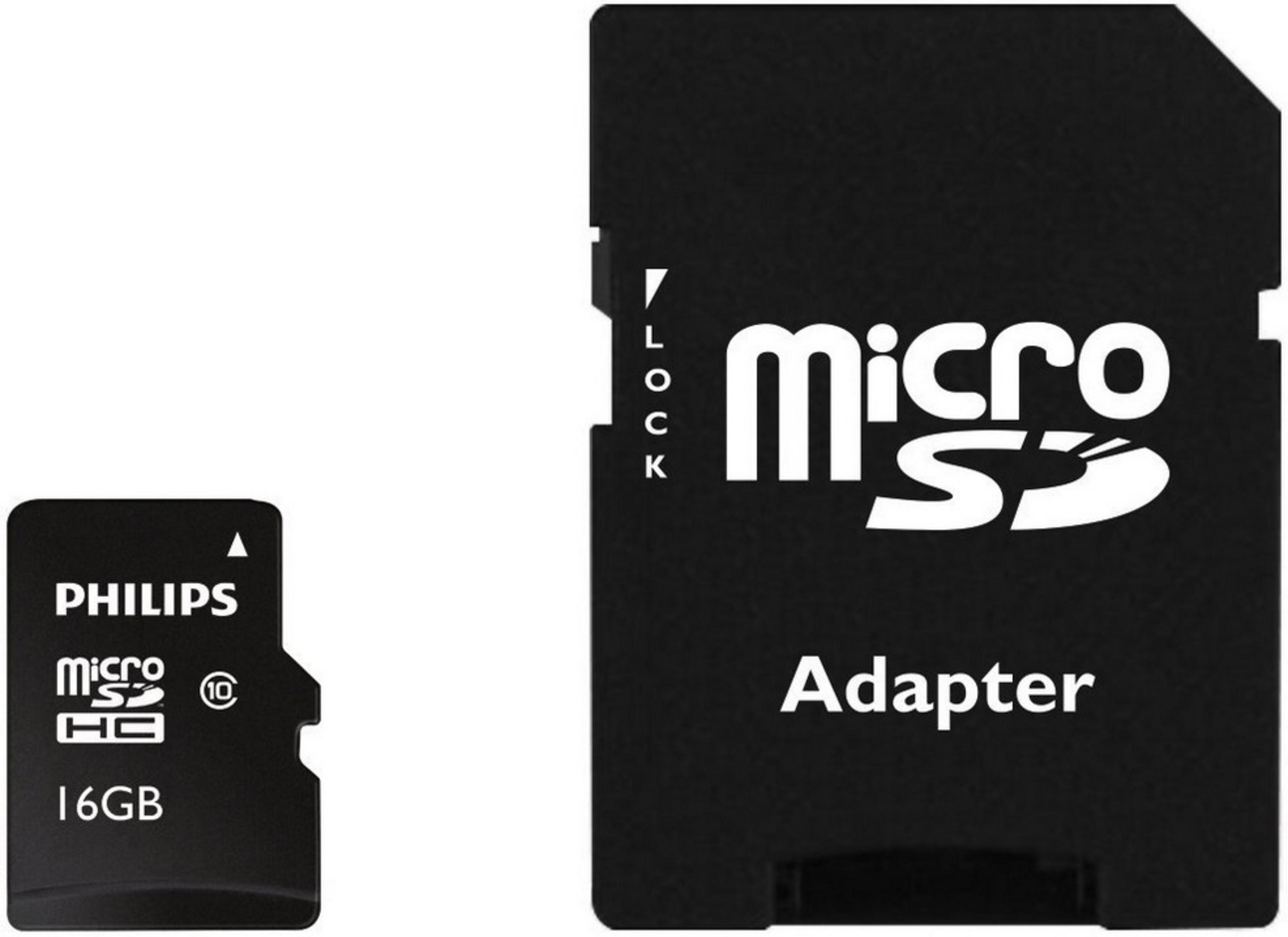 Un adattatore MicroSD da 16 GB e una scheda Philips.
