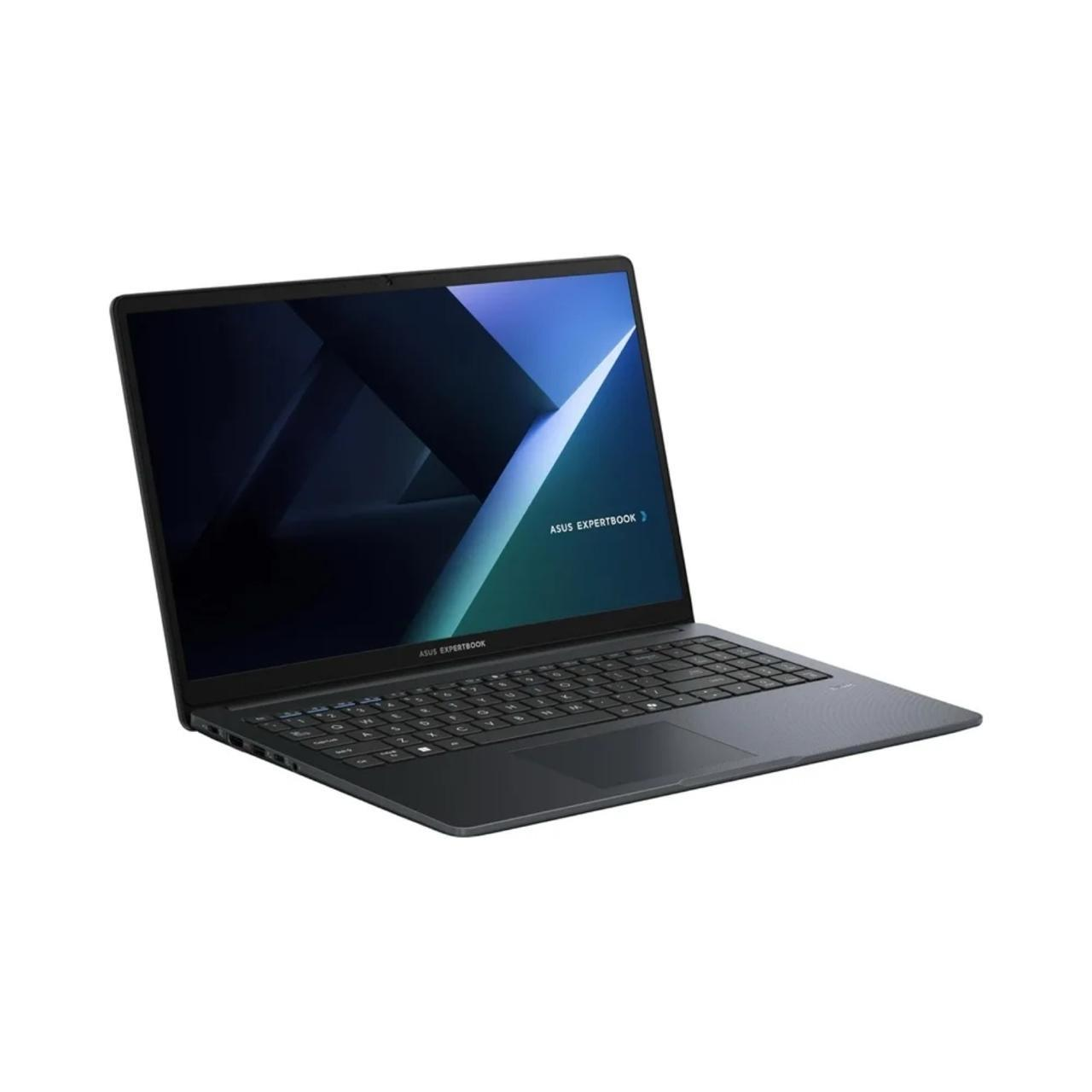 Beyaz arka plan üzerinde aydınlatılmış ekranlı koyu renk Asus ExpertBook dizüstü bilgisayar.