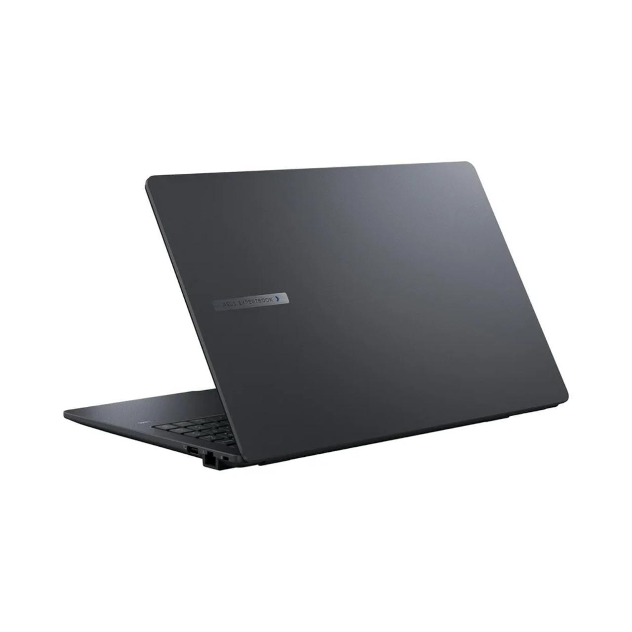 Koyu gri ASUS ExpertBook dizüstü bilgisayar yukarıdan, arkadan gösterilmektedir.
