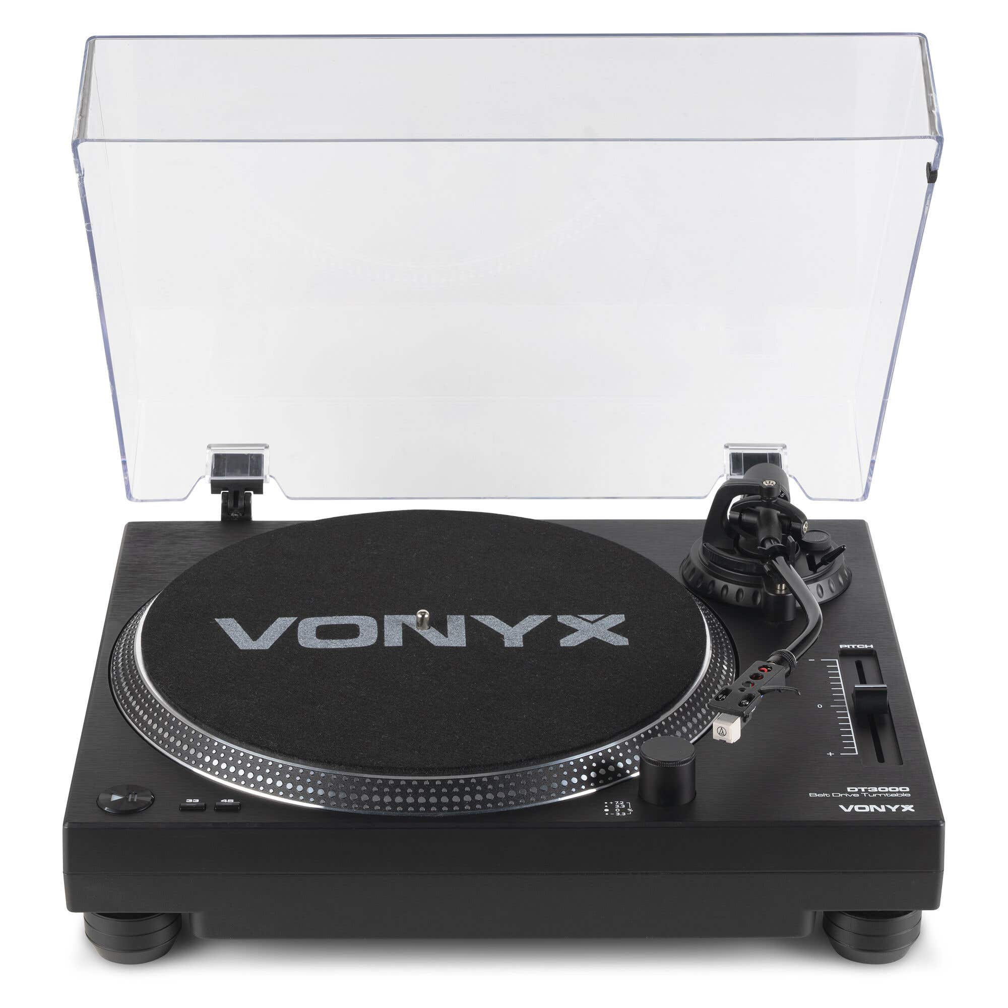 Tocadiscos negro con tapa transparente, brazo de tono y logo Vonyx.