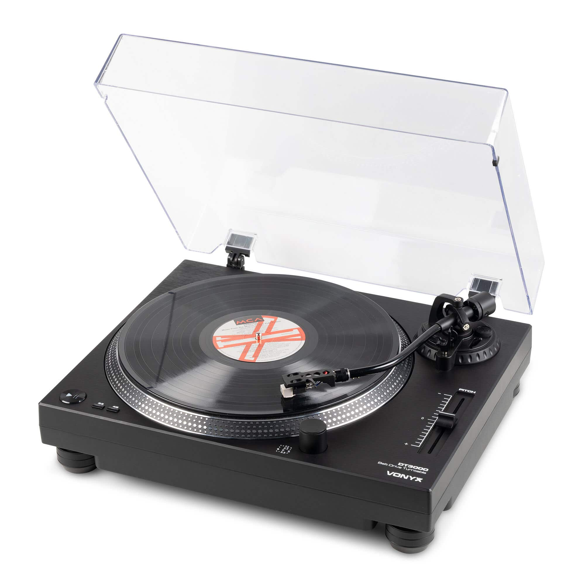 Tocadiscos negro con disco de vinilo y tapa transparente.
