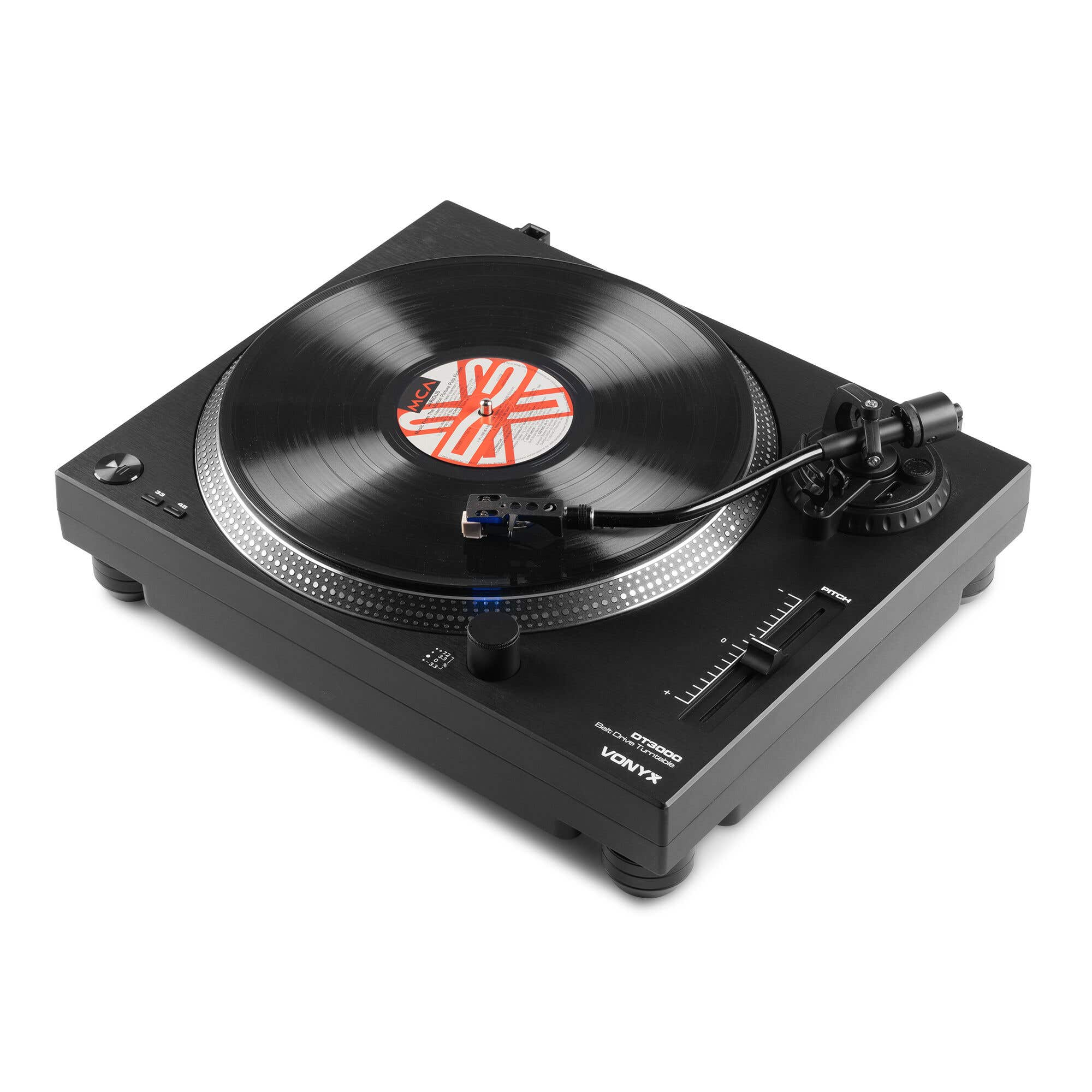 Un tocadiscos VONYX DT3000 de transmisión por correa negro con disco.