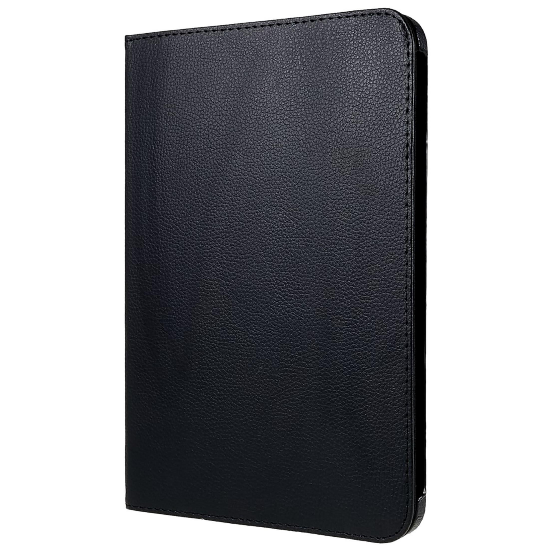 Schwarzes Lederetui für ein Tablet oder Buch, geschlossen, mit Nähten.