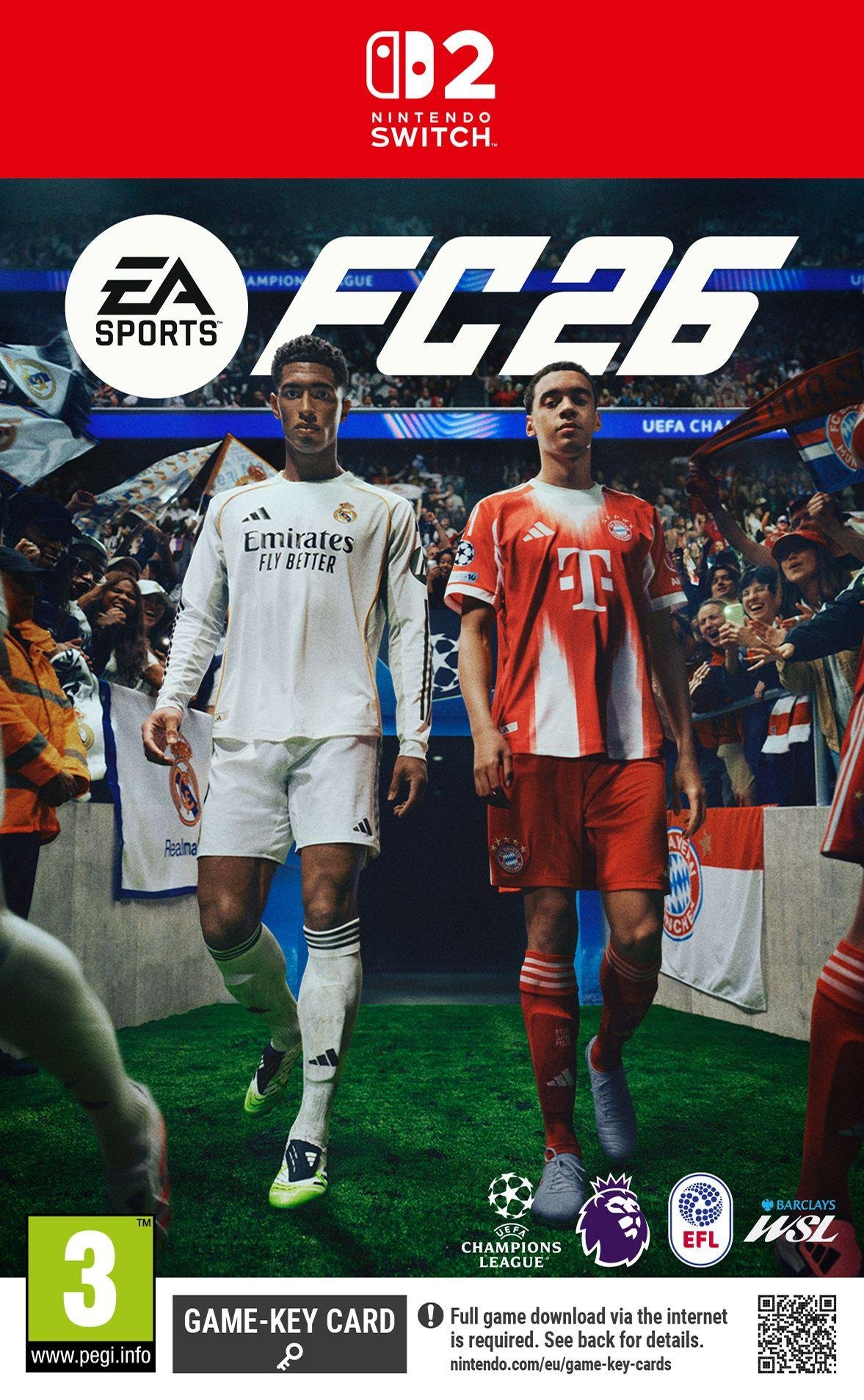 Copertina del gioco FC 26 per Nintendo Switch con due calciatori in tenuta e loghi.