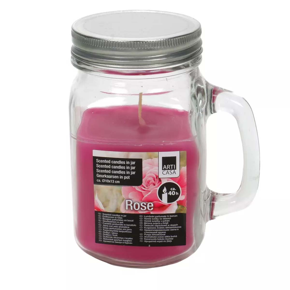 Candela profumata rosa in barattolo di vetro con manico, 40h.