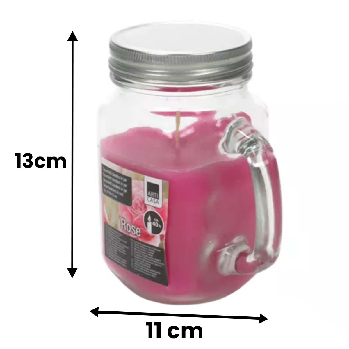 Candela rosa in barattolo di vetro con manico, alta 13cm, larga 11cm.