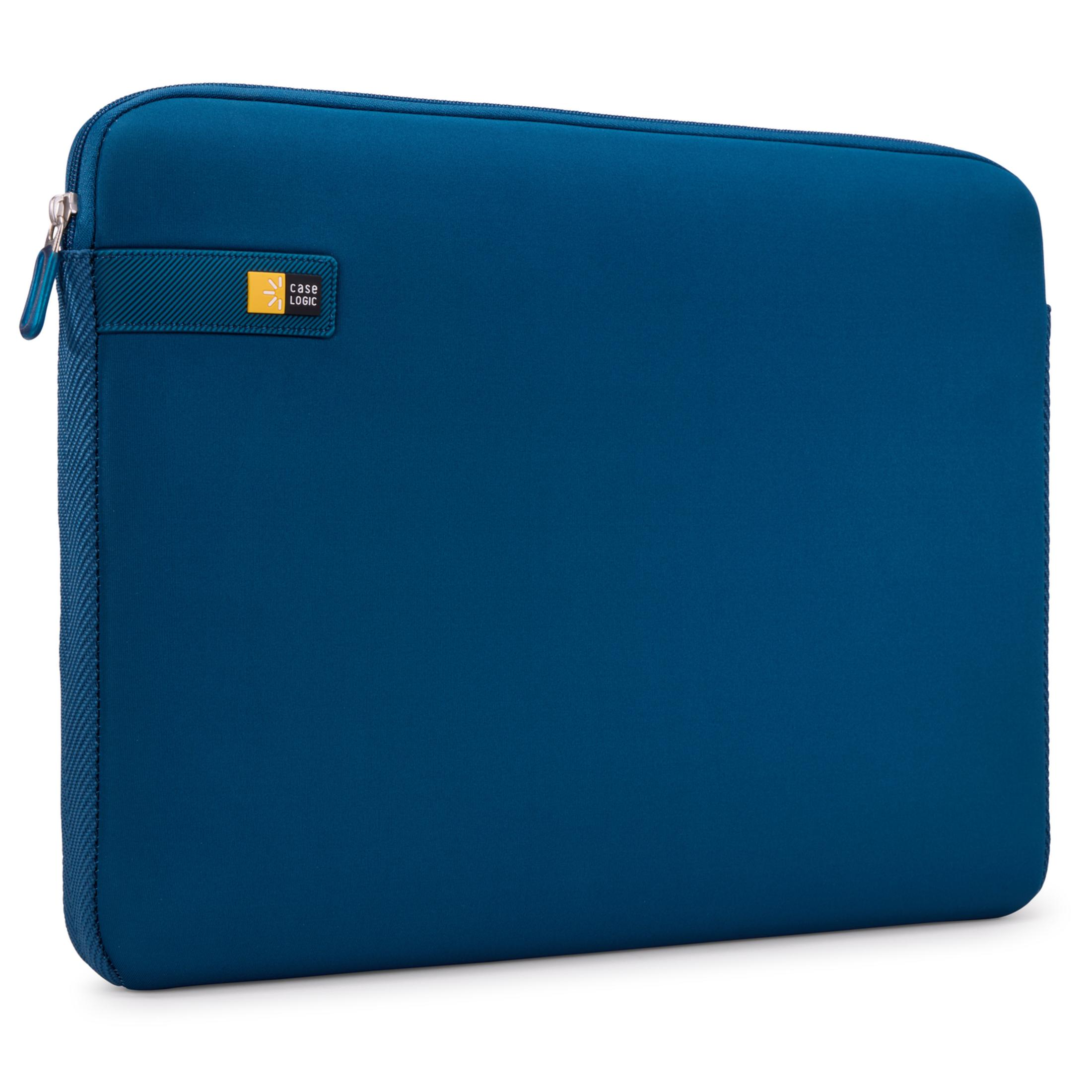 Una custodia blu per laptop con cerniera e logo.