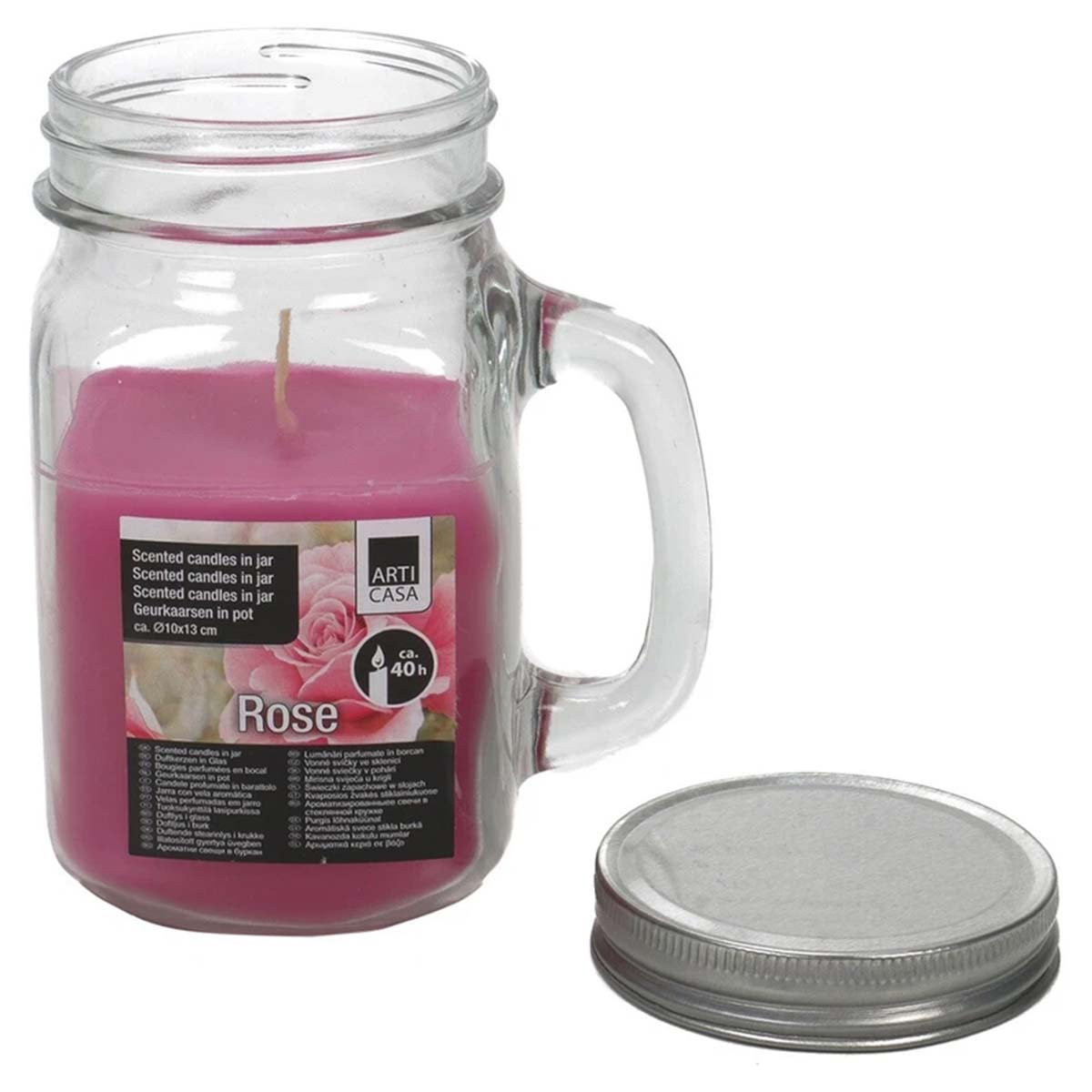 Una candela profumata rosa in barattolo di vetro con manico e coperchio argentato.