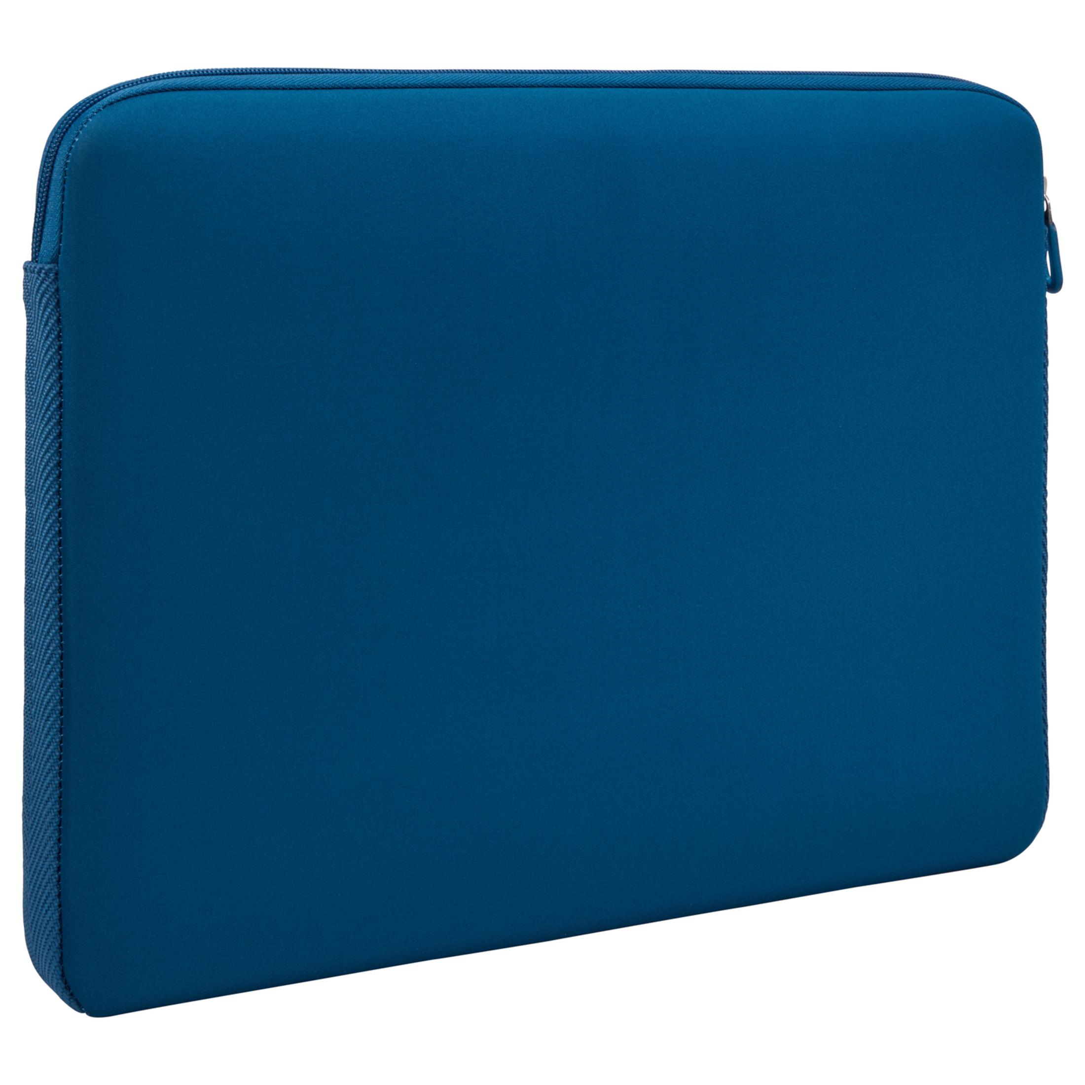 Una custodia blu per laptop con cerniera laterale.
