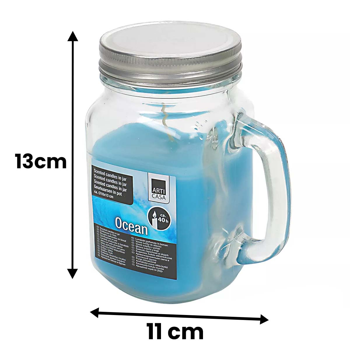 Candela profumata blu in barattolo di vetro con manico, alta 13cm, larga 11cm.