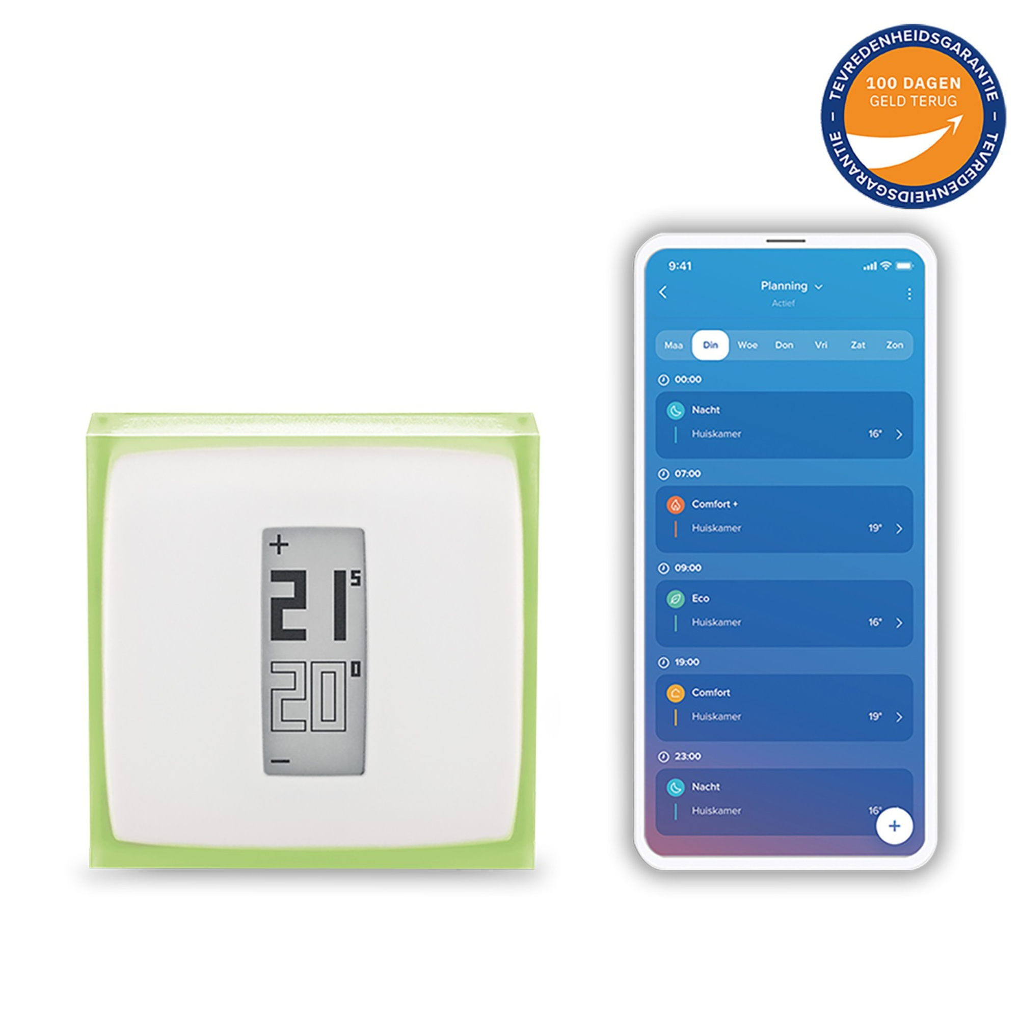 A thermostat displays 21° and 20°, next to it a smartphone with a heating schedule.