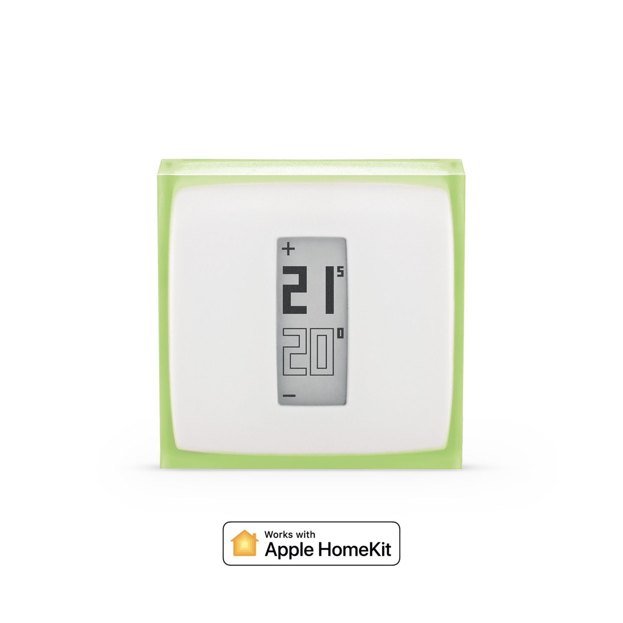 A thermostat with a green frame displaying 21 degrees.