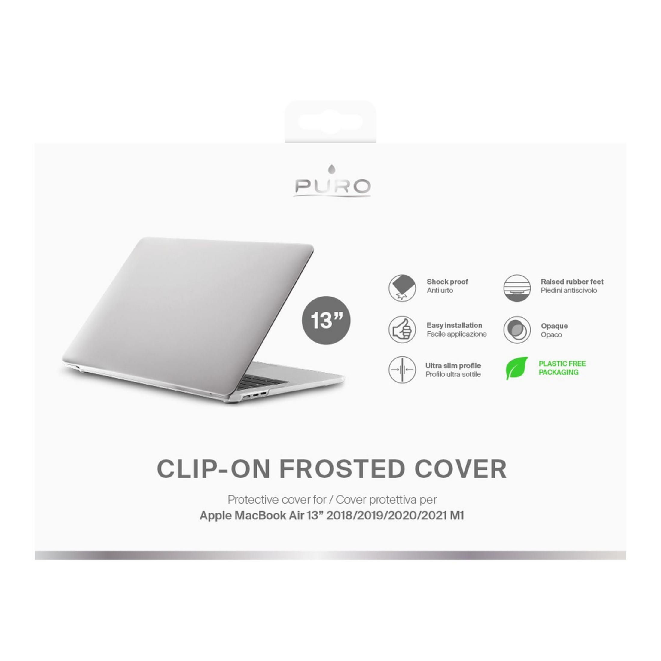 MacBook Air plateado con funda esmerilada PURO y características.
