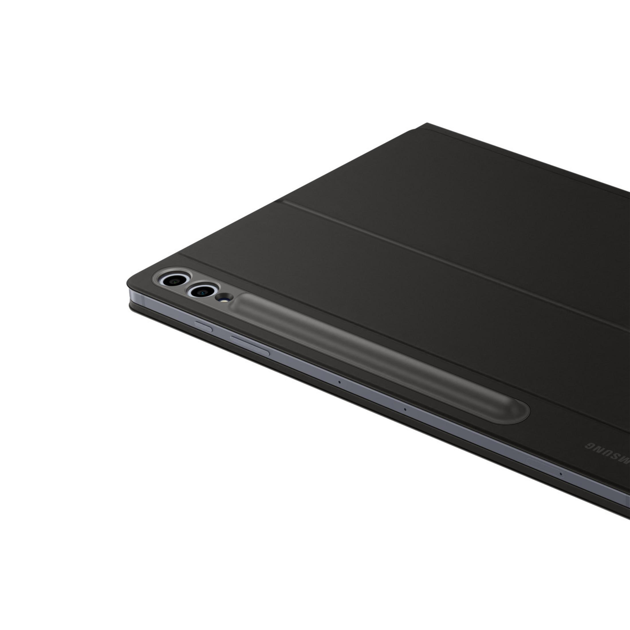Dark gray tablet with two cameras and a stylus holder. Samsung logo visible.