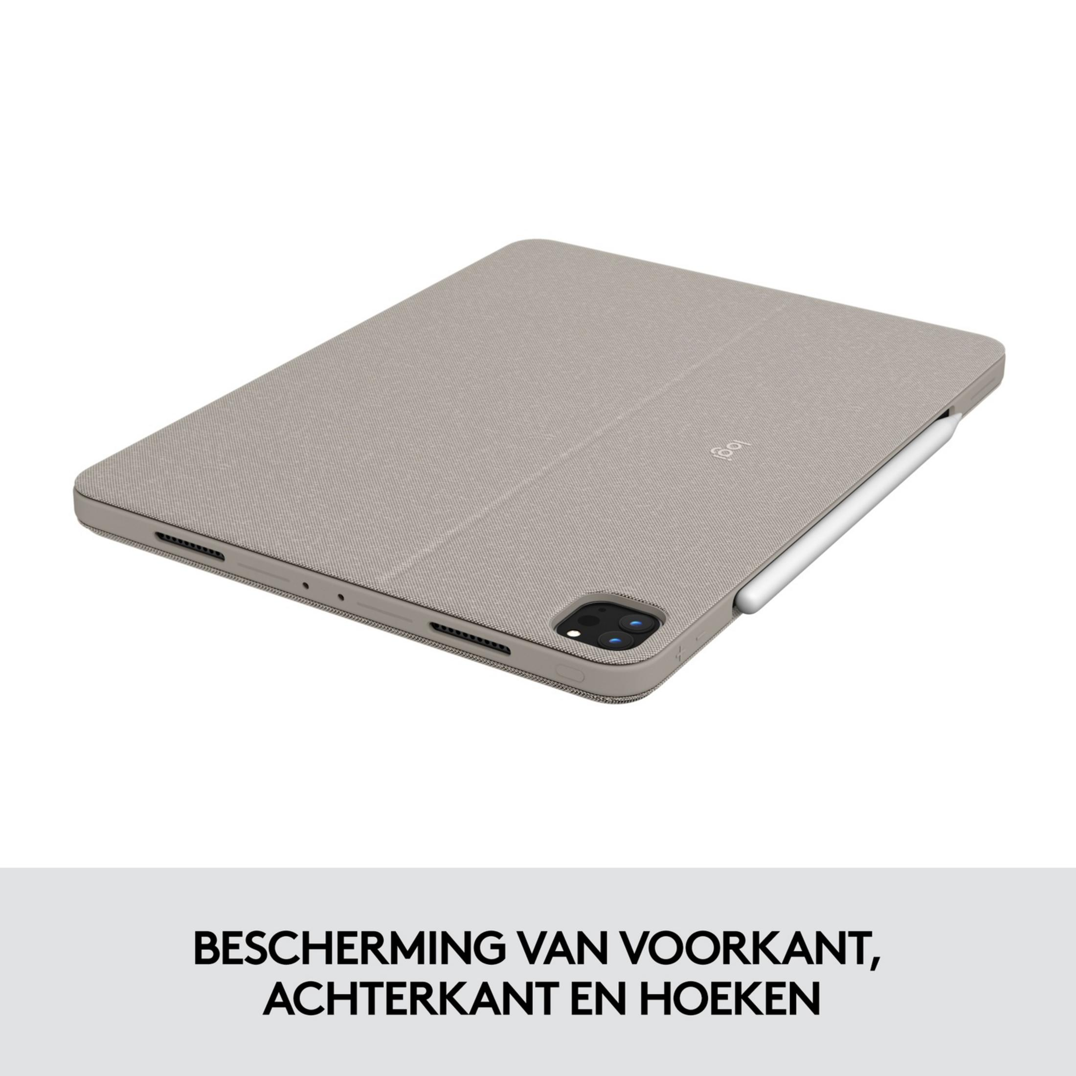 Ein hellgraues Tablet mit Hülle und Stift. Die Hülle bedeckt die Vorder- und Rückseite.