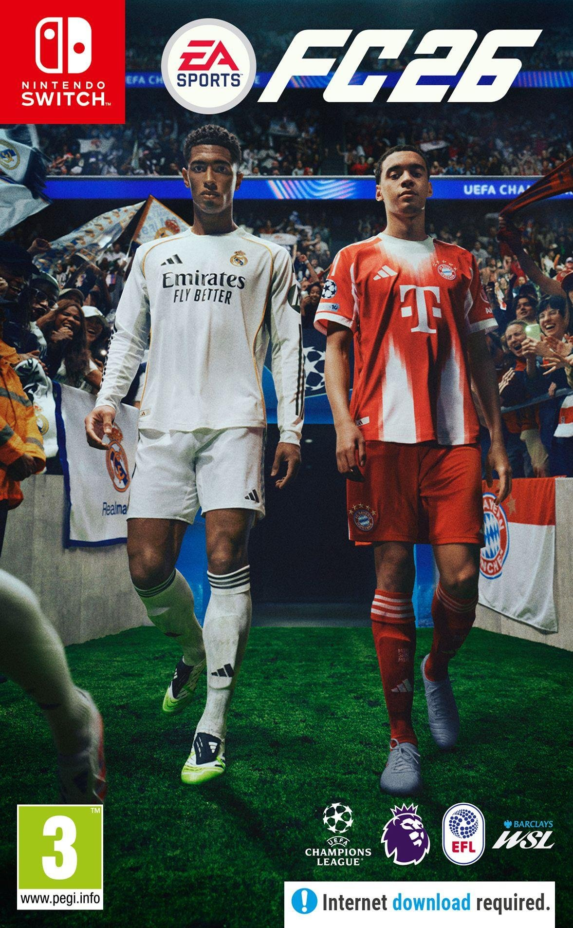 Copertina gioco FC 26 con due calciatori in divisa, logo Nintendo Switch.