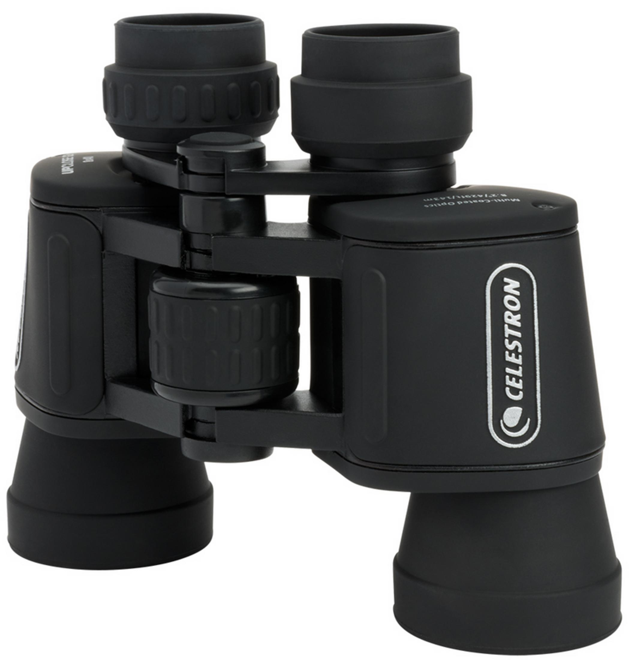 Schwarze Celestron Ferngläser mit verstellbarem Fokusrad und Objektivschutz.