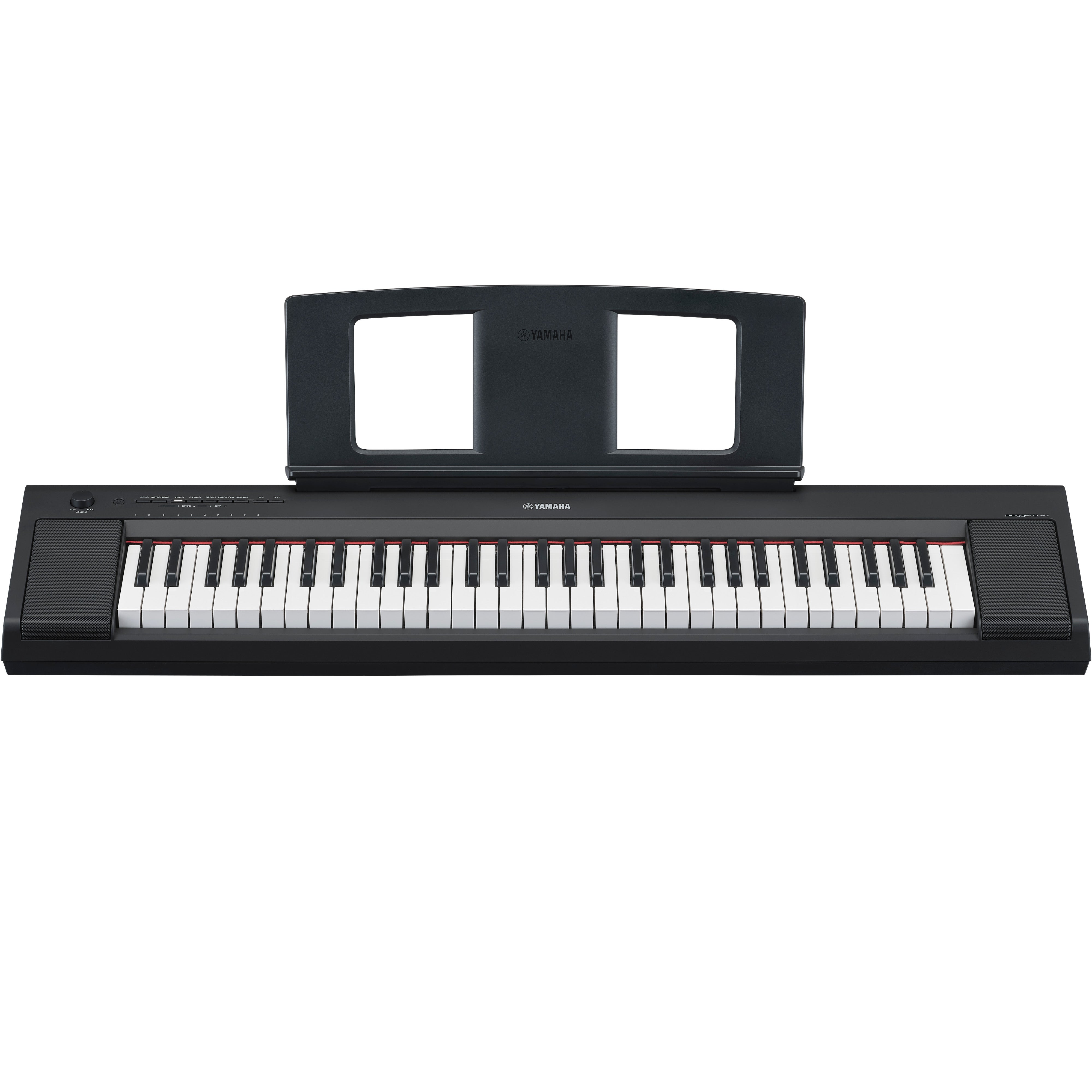 Ein schwarzes Yamaha Digitalpiano mit Notenpult, weißen und schwarzen Tasten.