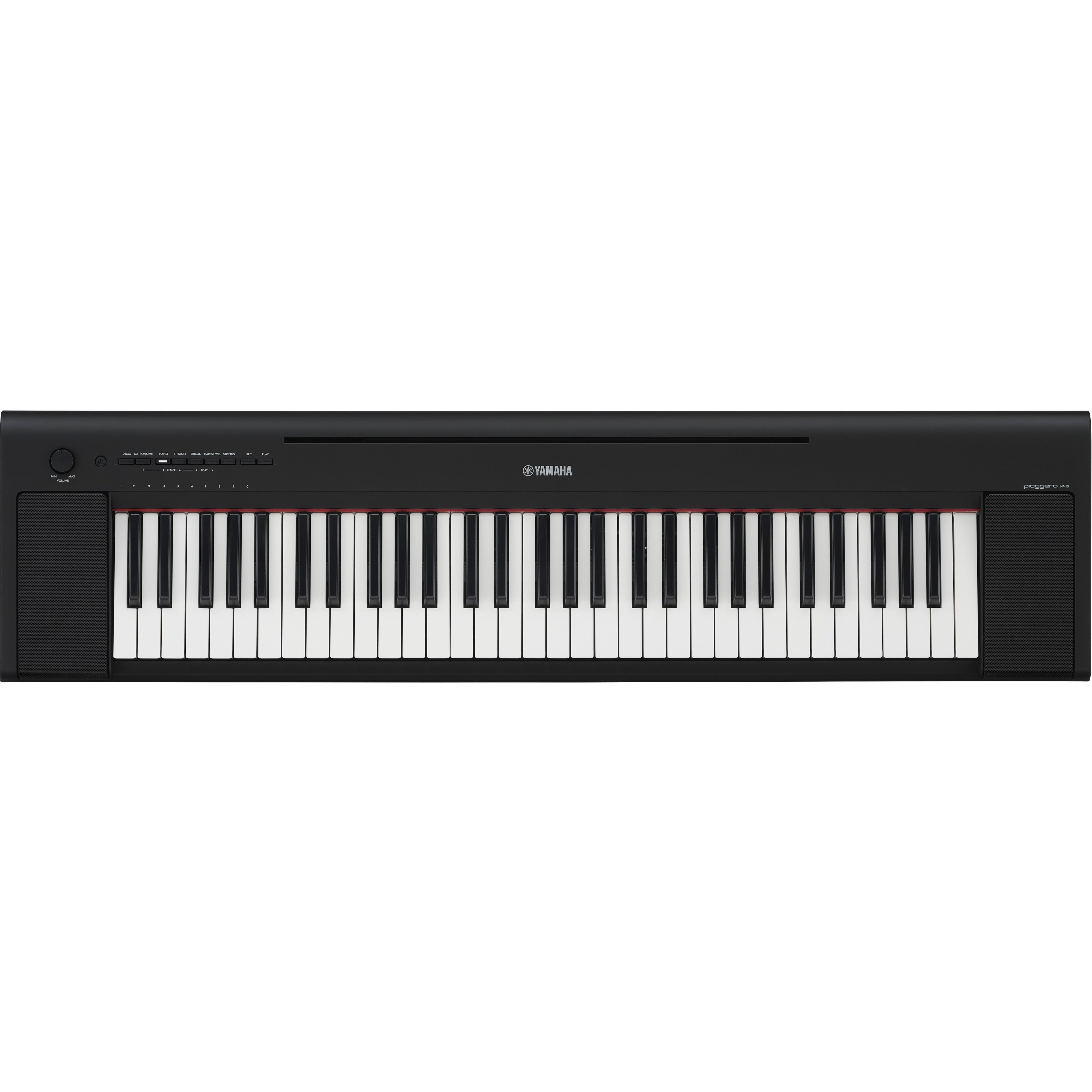 Ein schwarzes Yamaha Piaggero NP-15 Digitalpiano mit weißen und schwarzen Tasten.