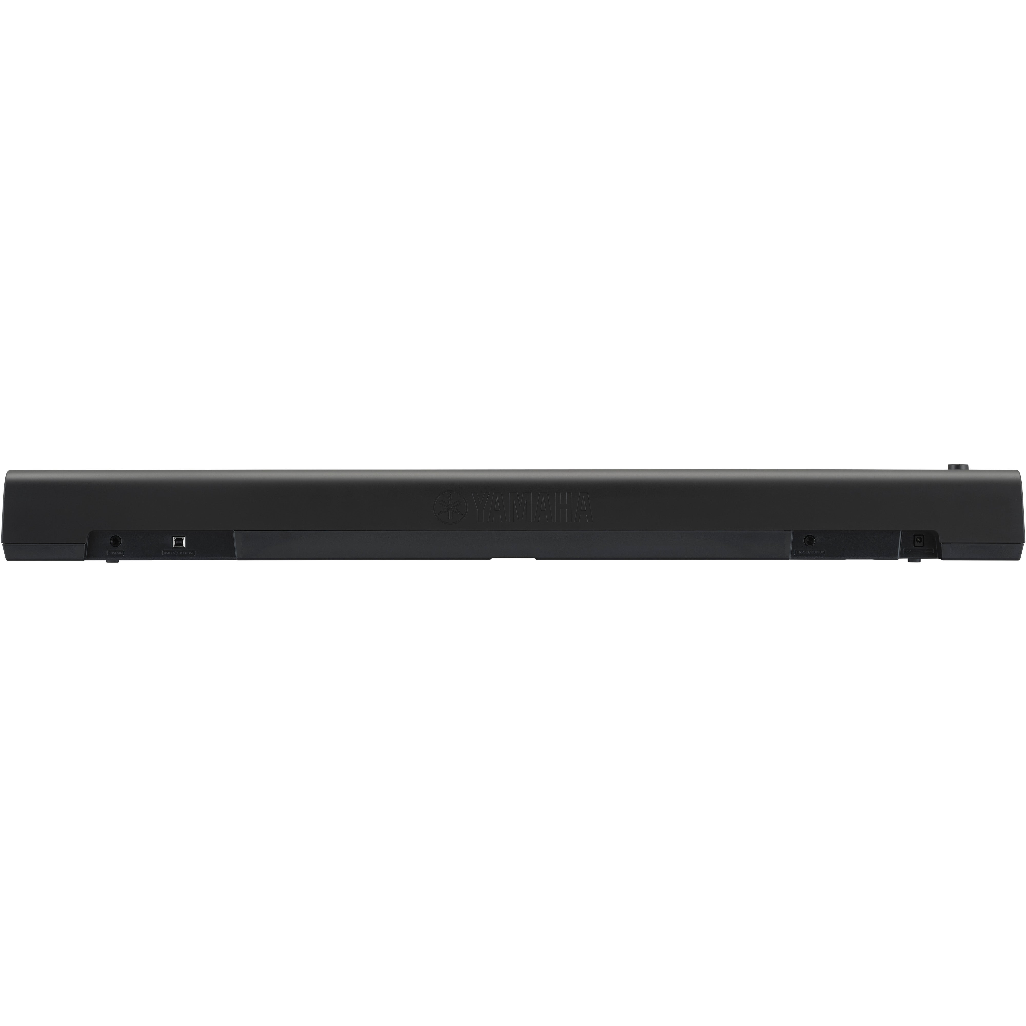 Schwarzes Yamaha Keyboard-Rückpaneel mit Anschlüssen: Sustain, USB, Phones/Output, 12V.