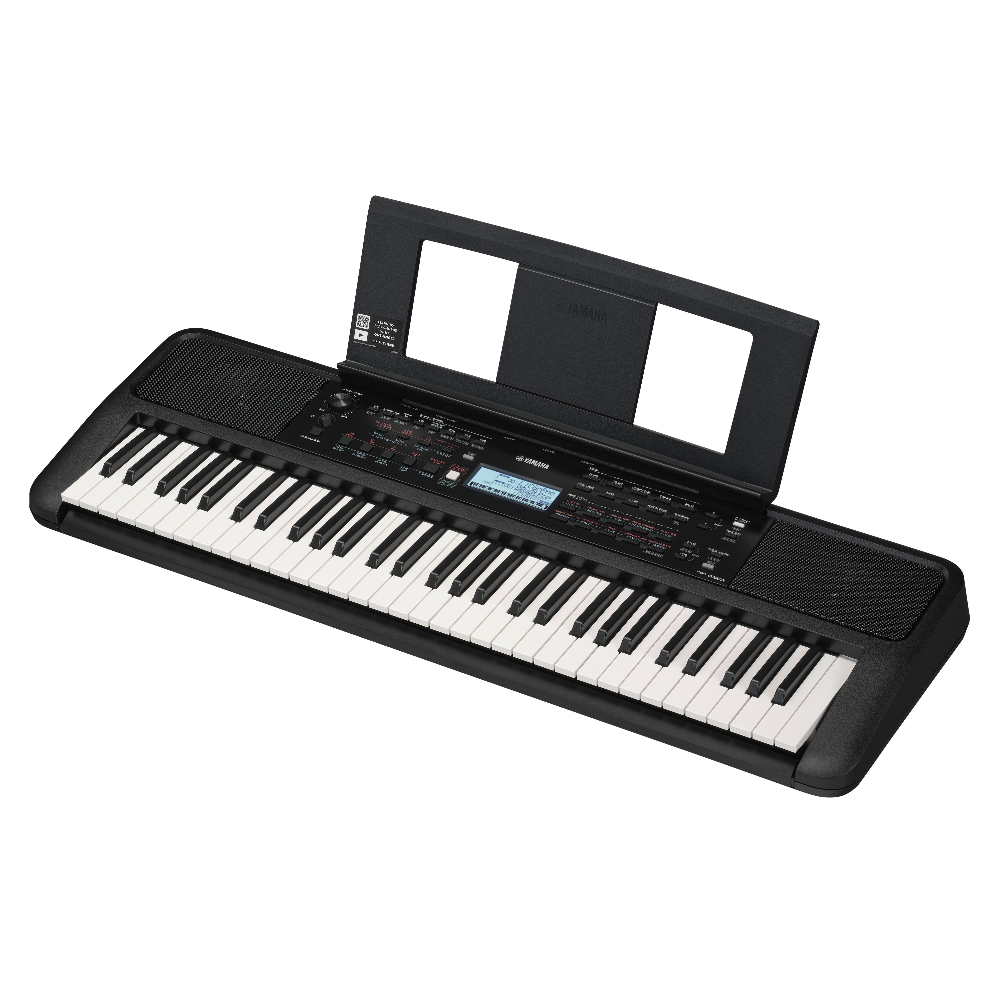 Czarna Yamaha keyboard z pulpitem i klawiszami.