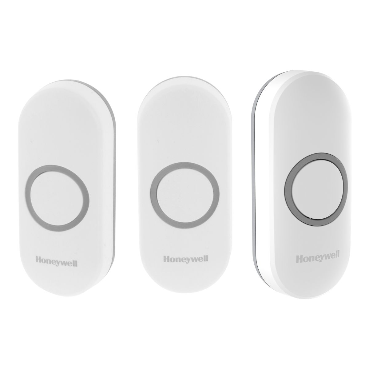 Three white Honeywell doorbell buttons with gray rings are side by side.
