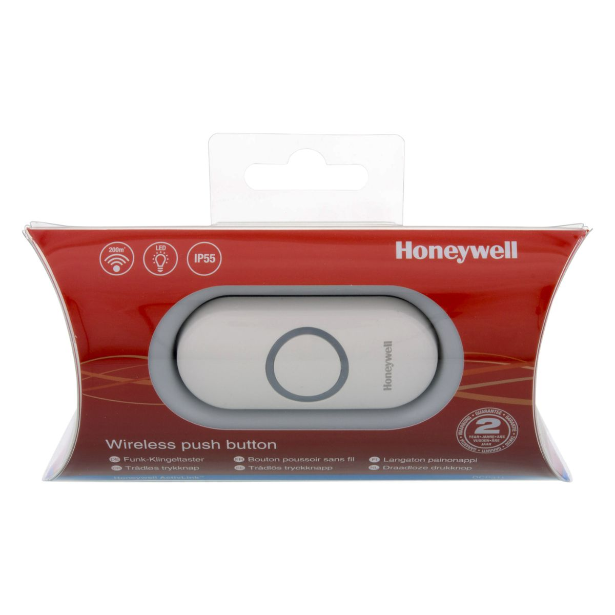 Honeywell wireless push button with LED and IP55 rating in packaging.