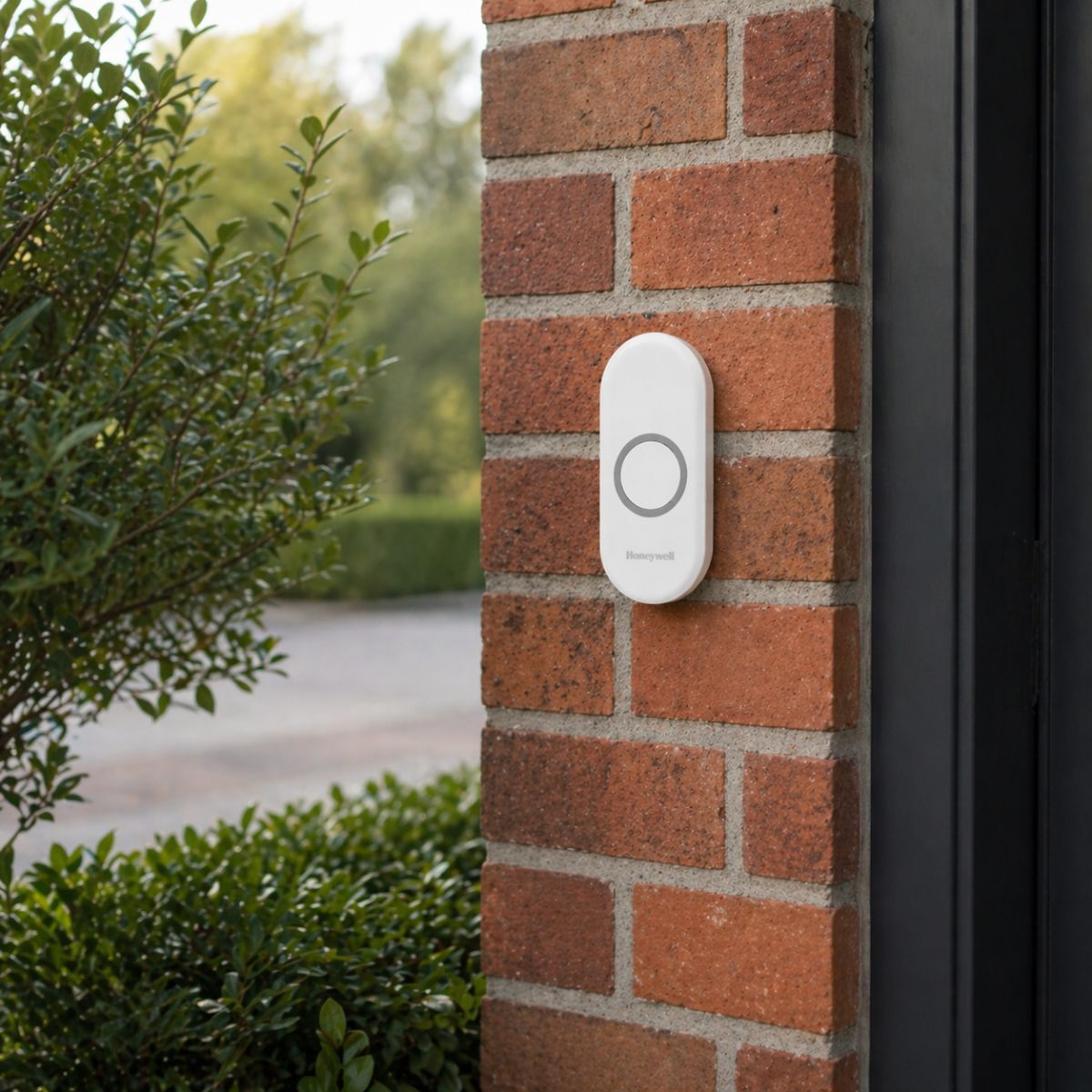 A white Honeywell doorbell button on a brick wall next to green plants.