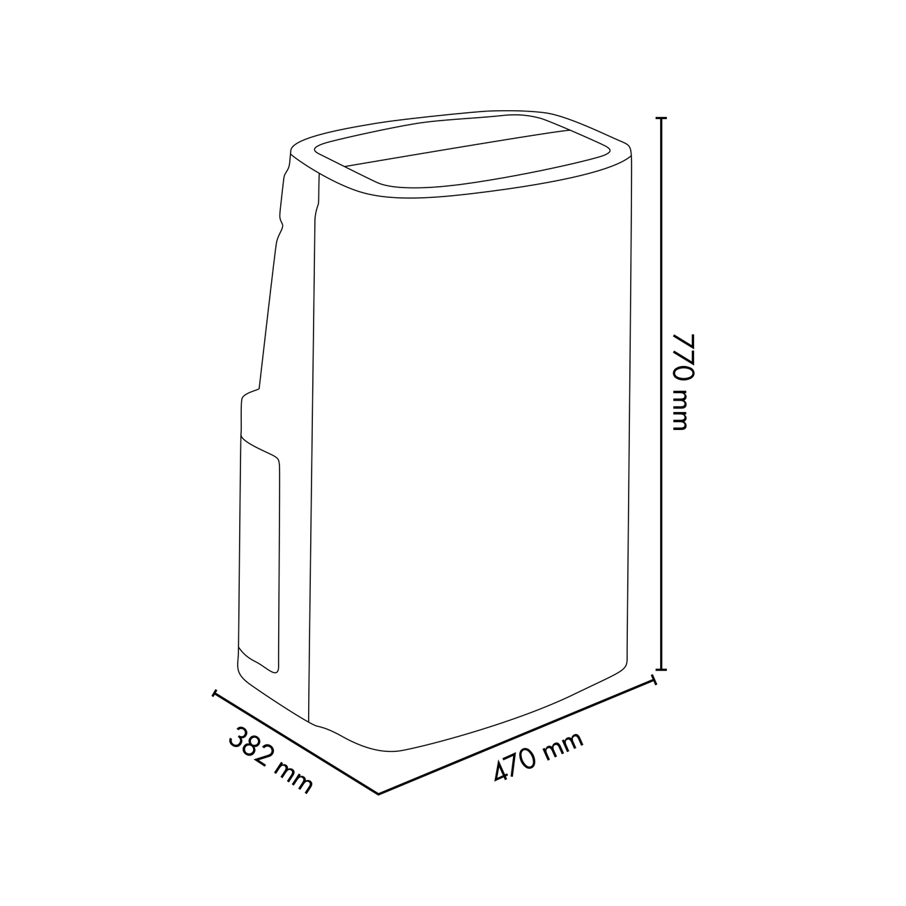 Un disegno al tratto di un contenitore rettangolare con dimensioni 470x382x770 mm.