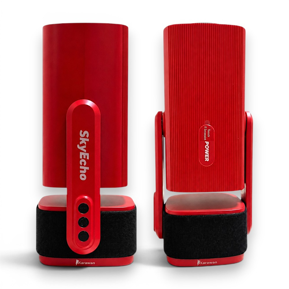 Dos altavoces Karawan rojos uno al lado del otro con rejilla de tela negra.