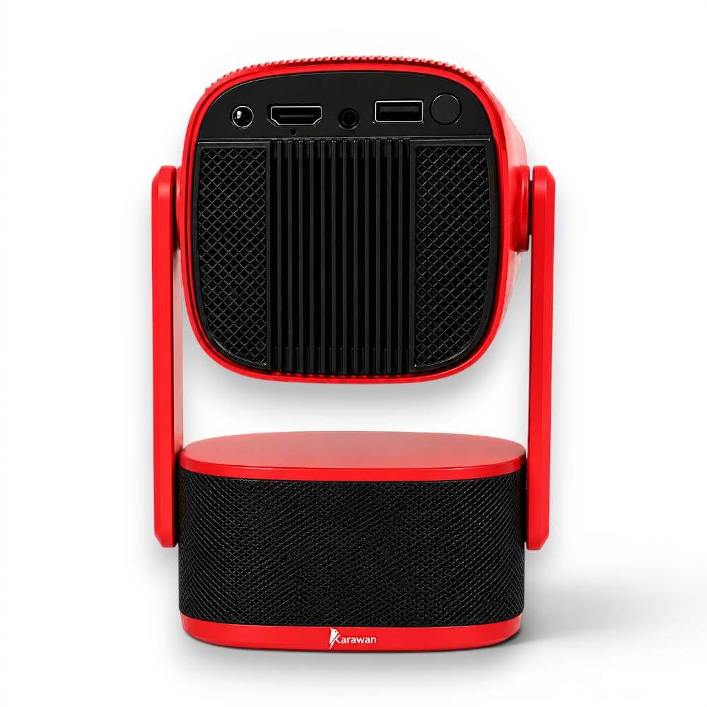 Proyector portátil rojo con puertos HDMI, USB y altavoz. Fondo blanco.