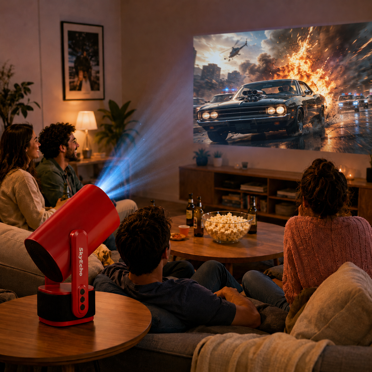 Gente viendo una película de acción con explosiones, un coche y un helicóptero.